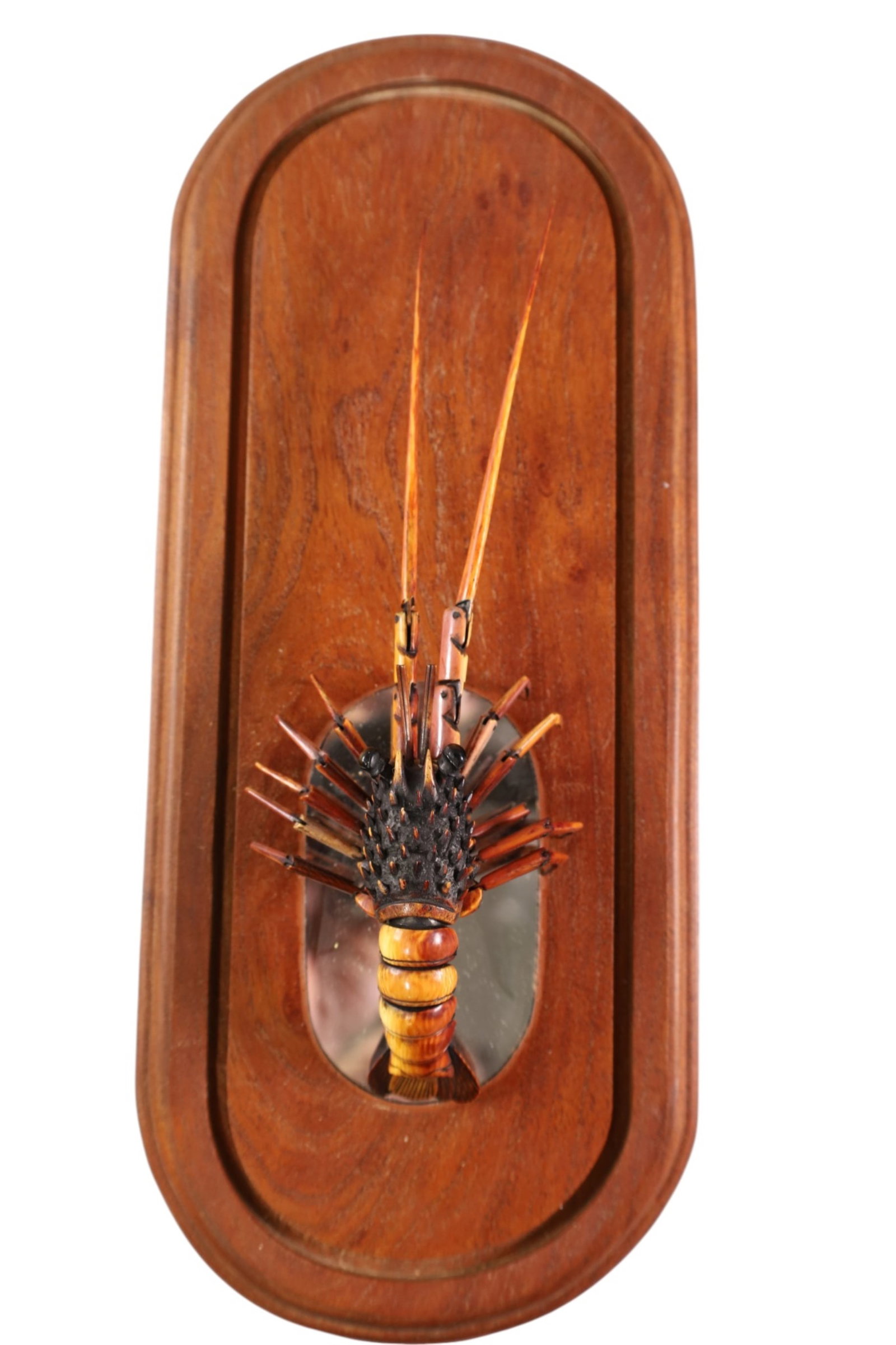 ARTICULATED LOBSTER IN CASE: CARVED BONE, ARTICULATED LOBSTER FIGURE IN GLASS DOME CASE, SIGNED ON BASE. ONE BROKEN CLAW. 8" L