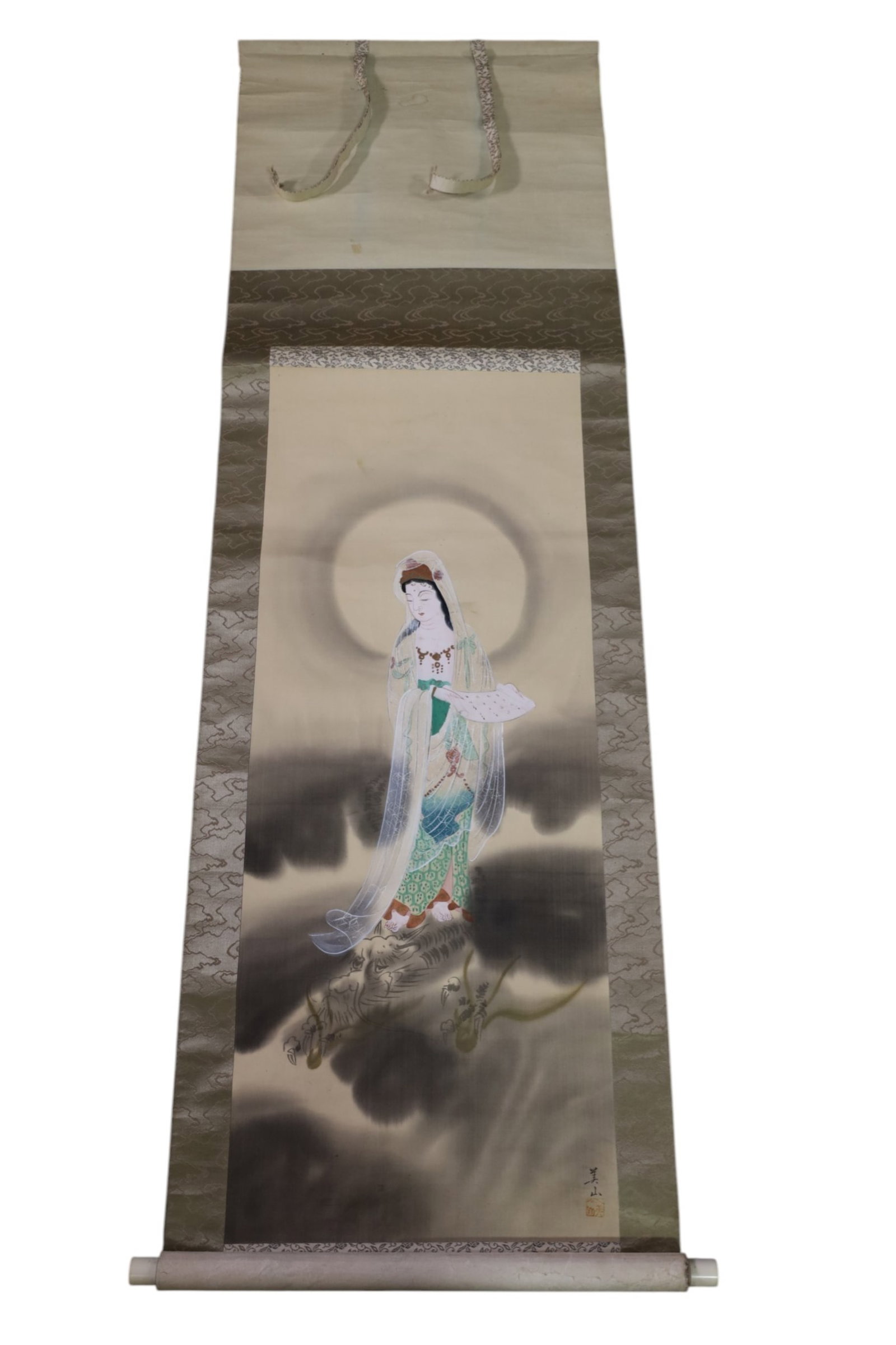 CHINESE SCROLL: CHINESE SCROLL, SIGNED AT BASE. 75" L.