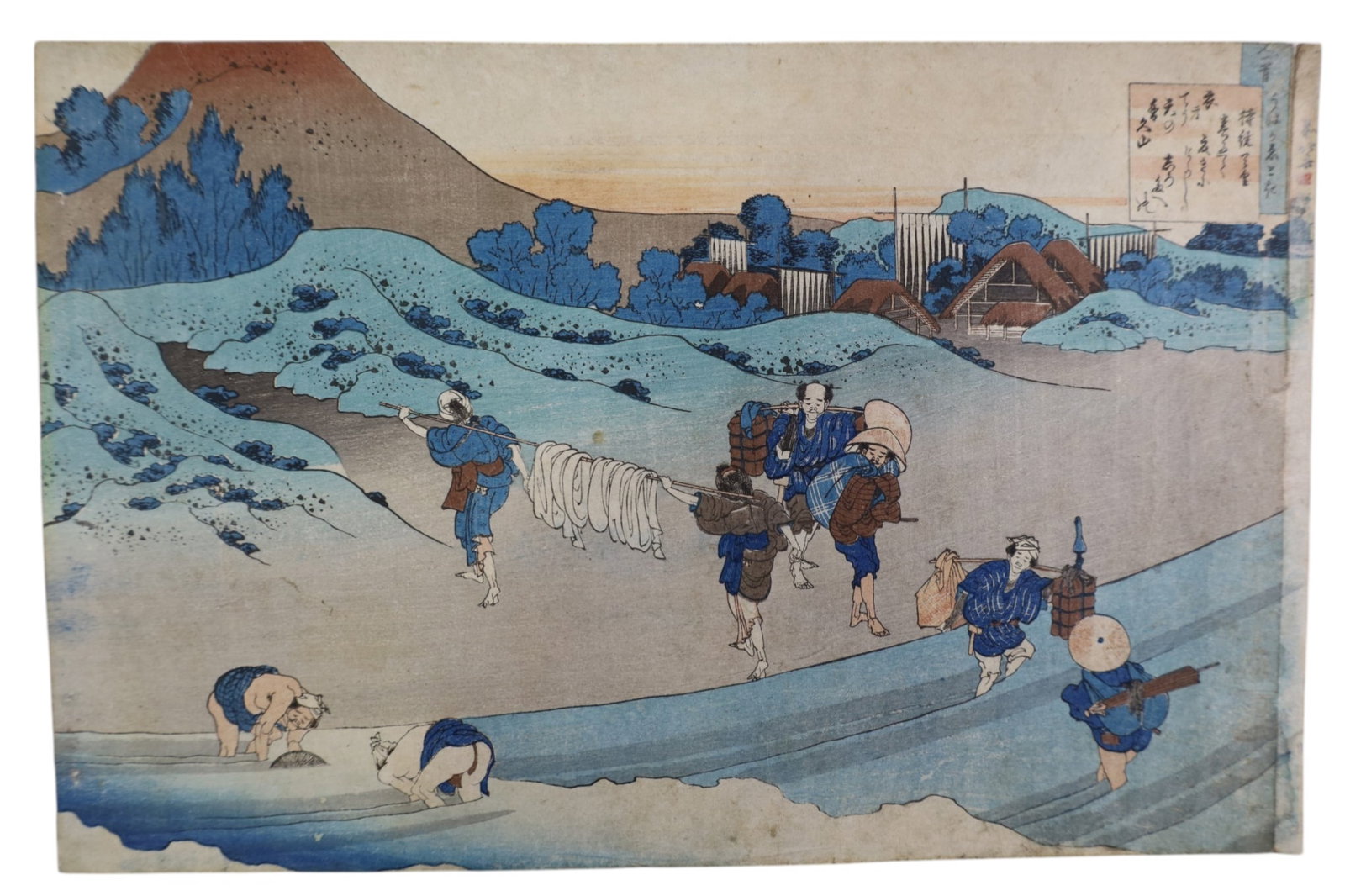 KATSUSHIKA HOKUSAI POEM BY EMPRESS JITO WOODBLOCK: POEM BY JITO TENNO, KATSUSHIKA HOKUSAI JAPANESE WOODBLOCK PRINT, FAINTLY MARKED IN LOWER RIGHT. 14 1/4" x 9 1/4"