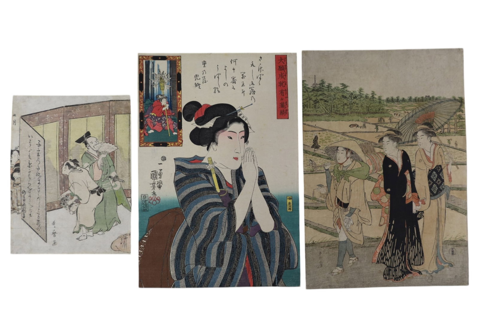 3 JAPANESE WOODBLOCKS: SHINCHO UTAMARO JAPANESE WOODBLOCK, & UTAGAWA KUNIYASU. 7" - 10" W.