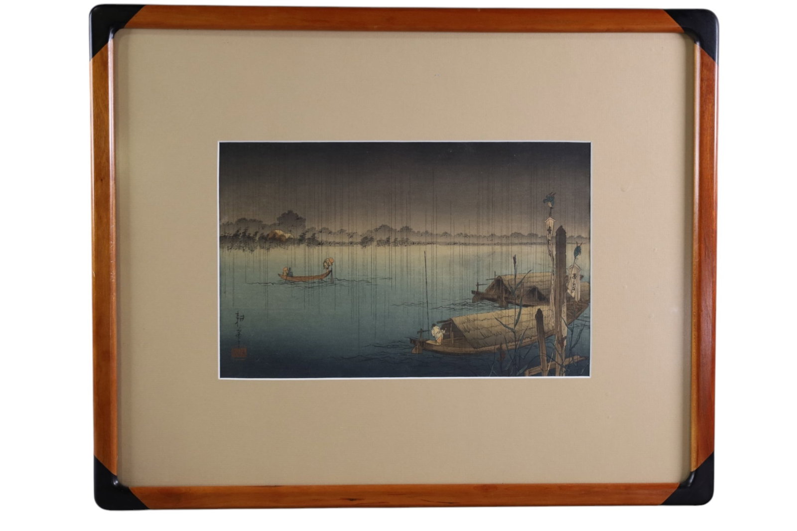 SHODA KOHO WOODBLOCK PRINT: JAPANESE WOODBLOCK PRINT, SHODA KOHO, SUMIDA RIVER IN THE RAIN. 23" x 19" IN FRAME & 14" x 8 3/4" IMAGE SIZE/