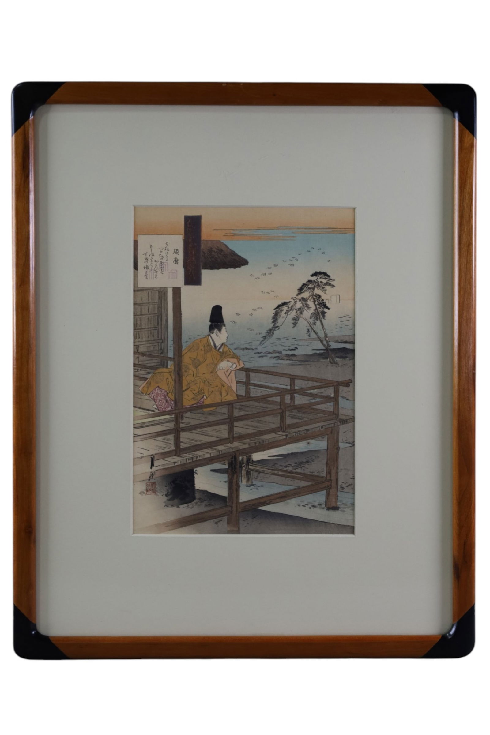 GEKKO OGATA WOODBLOCK PRINT: JAPANESE WOODBLOCK PRINT, GEKKO OGATA, DEPICTING PRINCE GENJI. 18" x 22" IN FRAME & 8 3/4" x 12 3/4" IMAGE SIZE