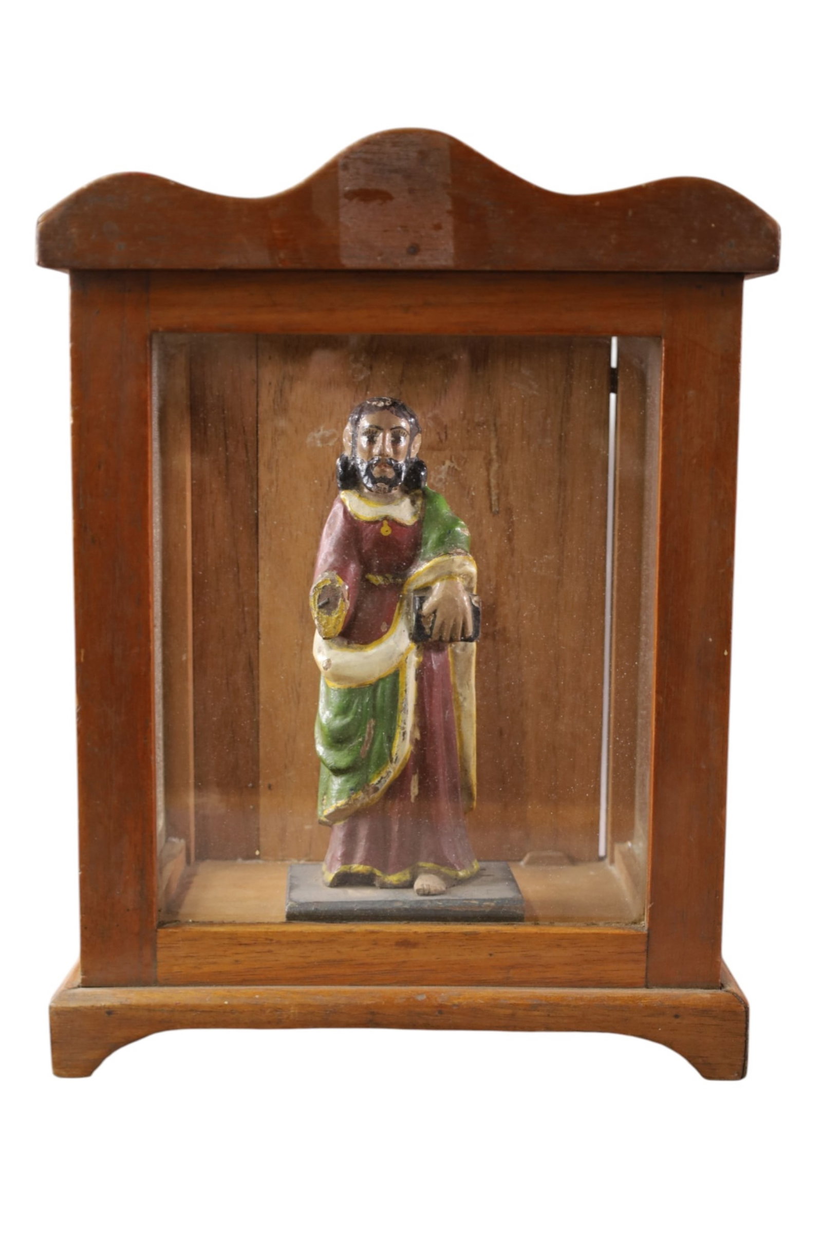 SMALL SANTO IN SHRINE: SMALL PAINTED SANTO IN SHRINE, TABLE TOP. 9 1/2" H.