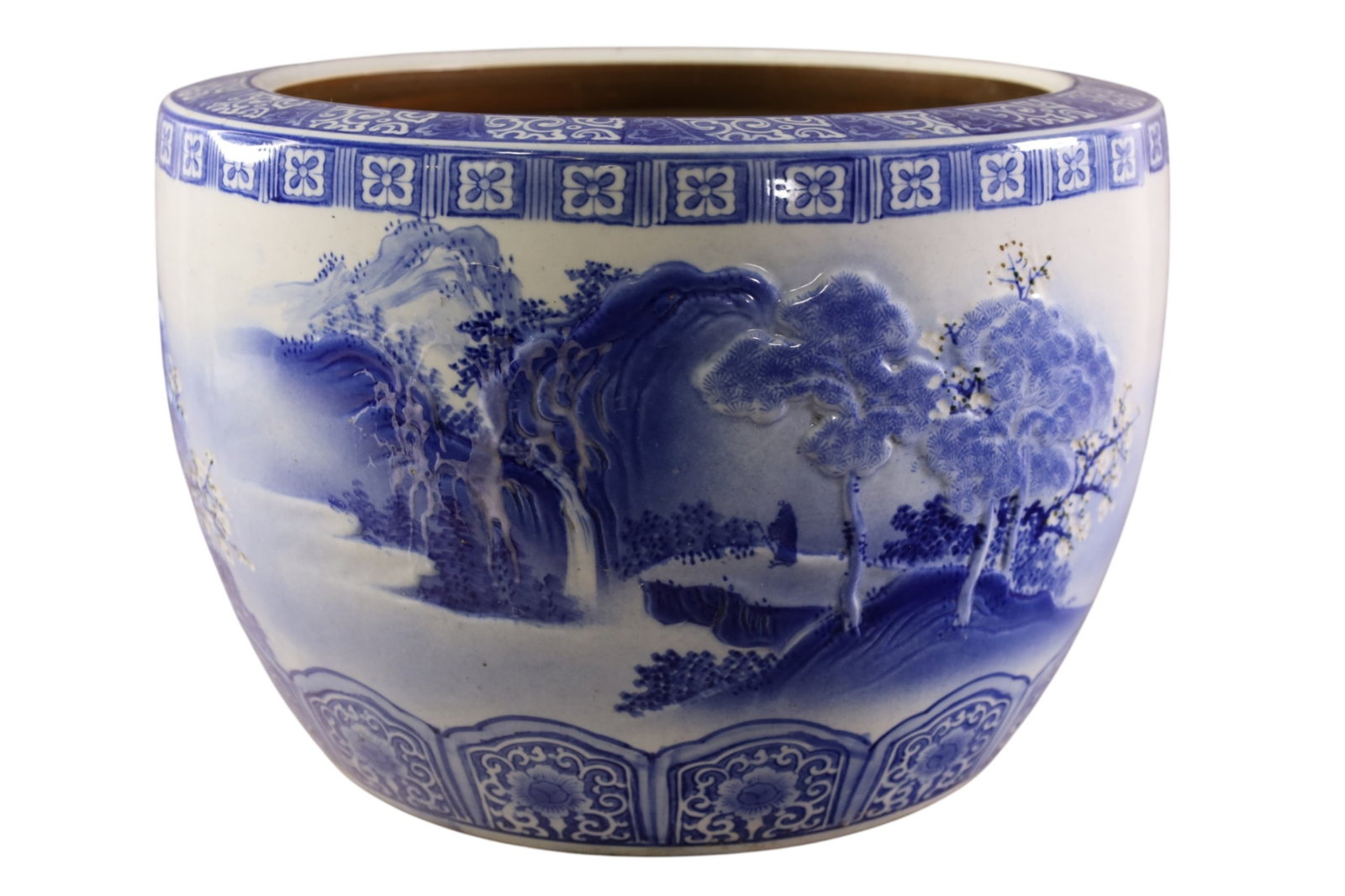 LARGE JAPANESE JARDINIERE: LARGE BLUE AND WHITE PORCELAIN JARDINIERE. 18" DIAM x 12" H.
