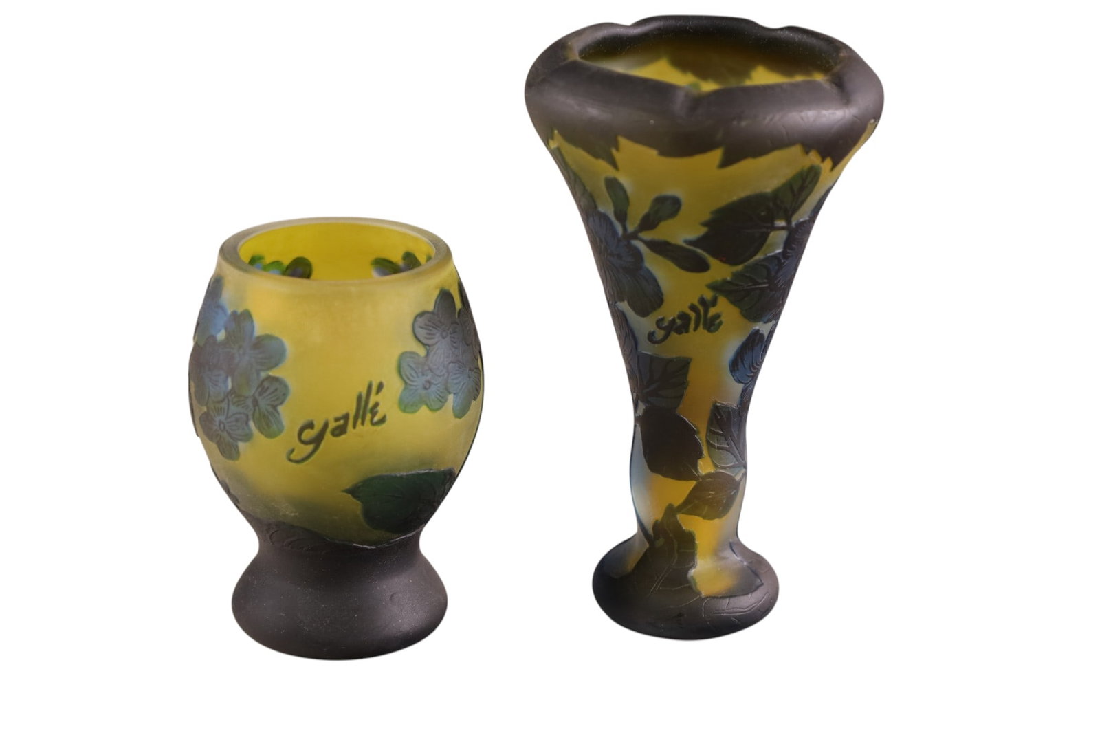 2 PCS OF GALLE STYLE CAMEO GLASS: REPRODUCTION CAMEO GLASS VASES, MARKED. 4 - 6" H.