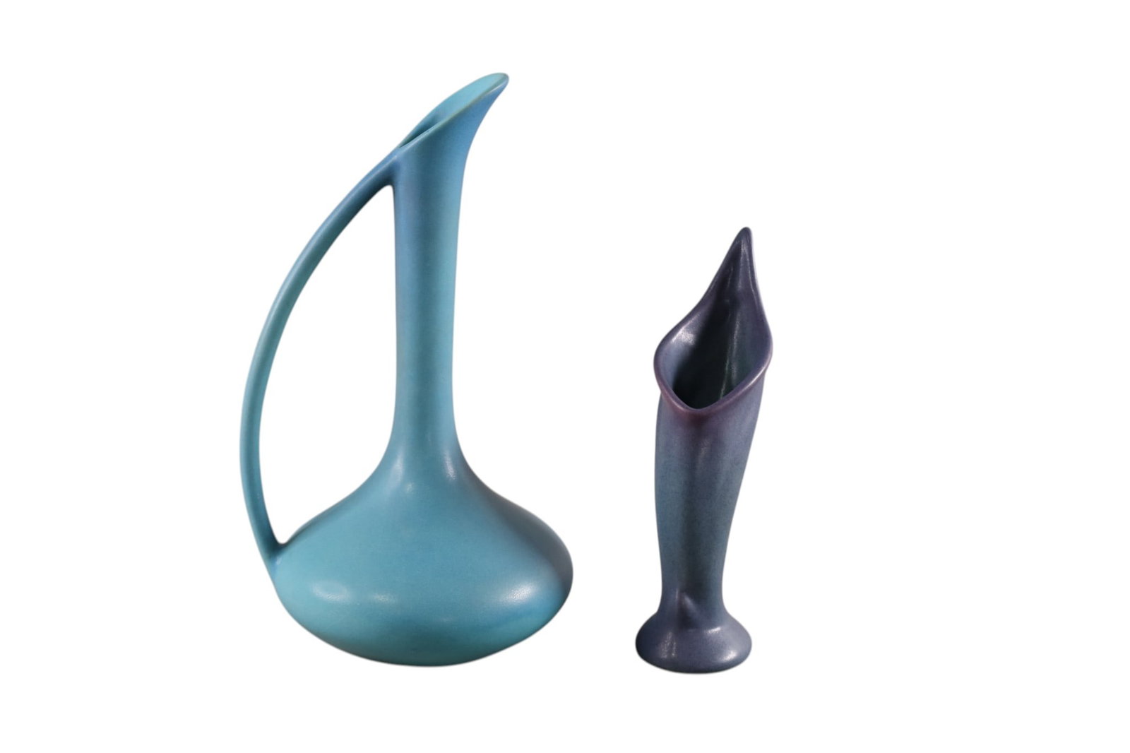 2 PCS OF VAN BRIGGLE POTTERY: BLUE GLAZED EWER AND BUD VASE, 8 1/2" - 12" H.
