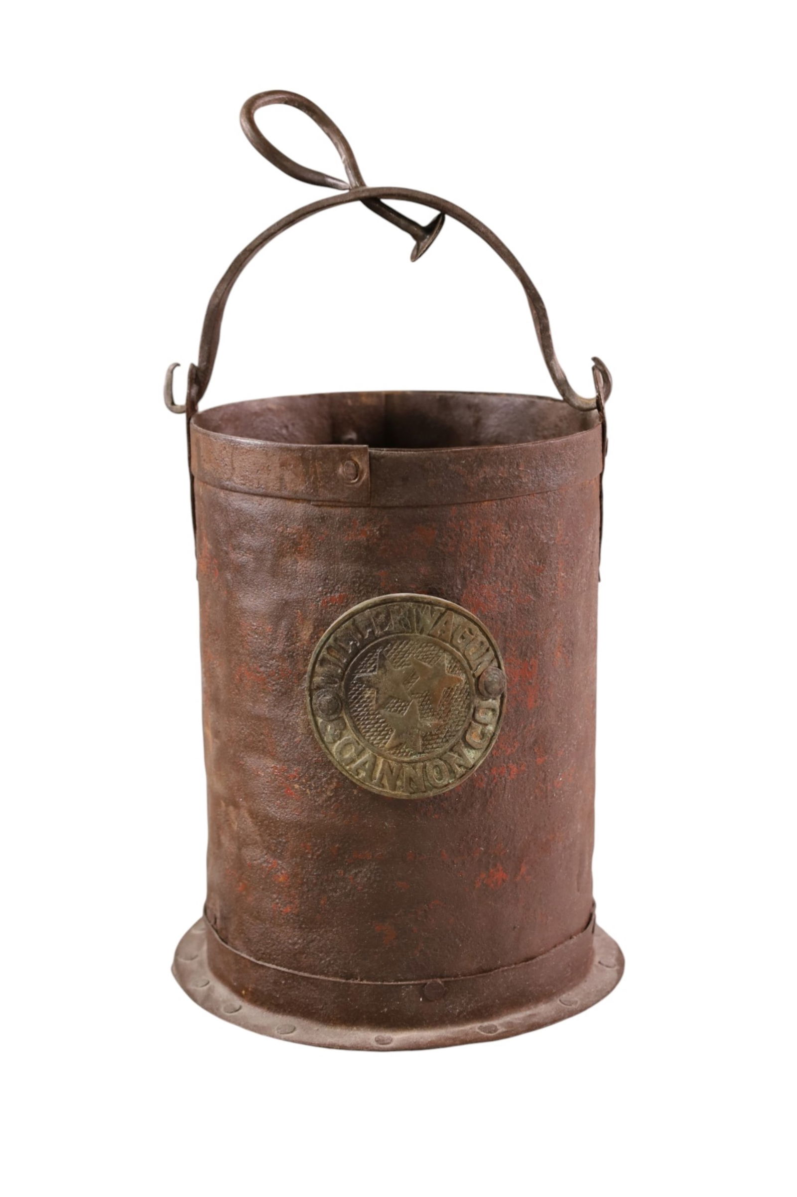IRON BUCKET: SMALL HANDLED IRON BUCKET, MILLER WAGON & CANNON CO. 10" H.