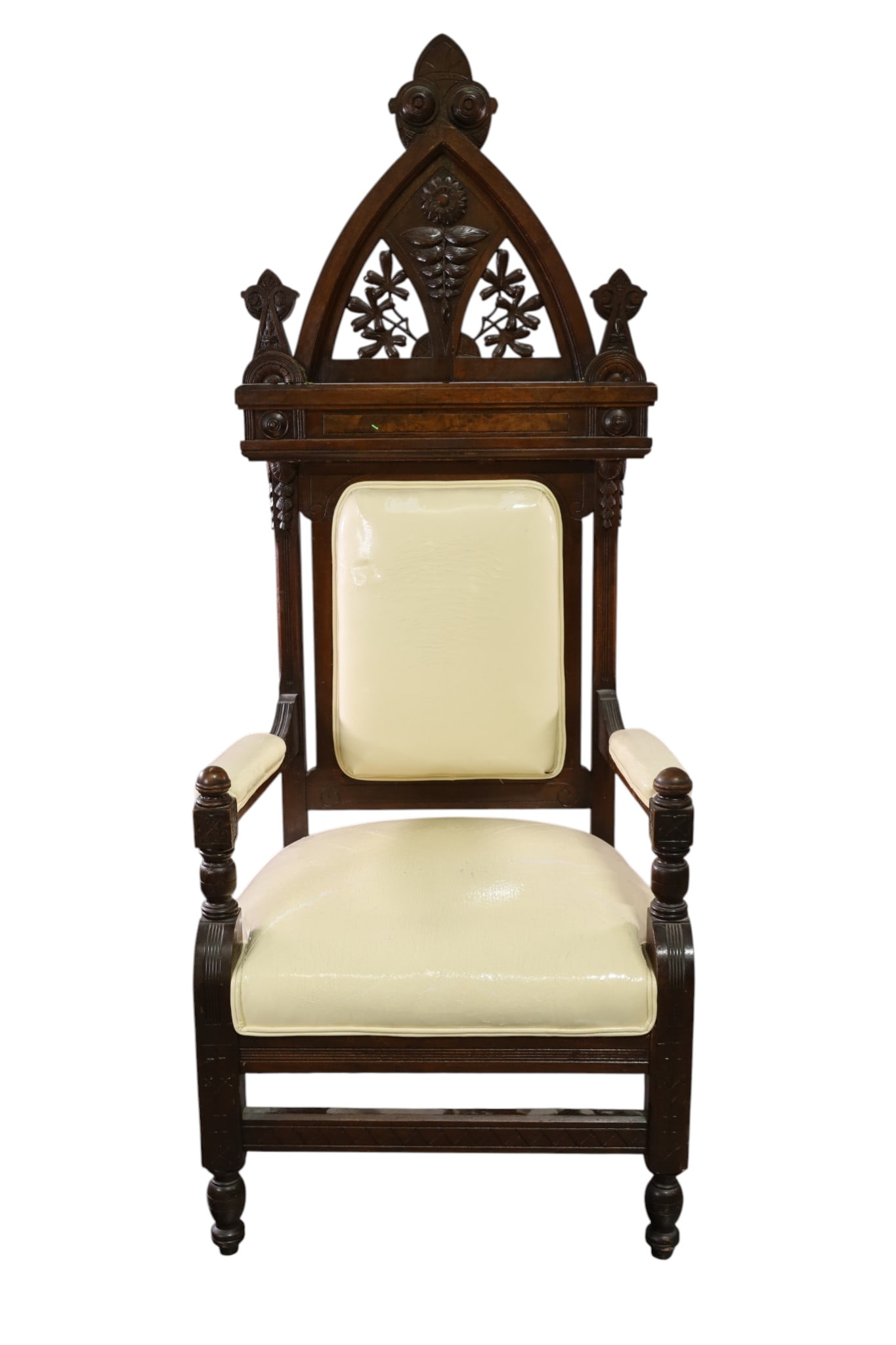 LARGE GOTHIC HALL CHAIR: LARGE TALL BACK GOTHIC HALL CHAIR, WEAR TO FINISH, DAMAGE TO CROWN OF CHAIR. 28" W x 26" D x 72" H. THIS ITEM EXCEEDS SIZE LIMITATIONS FOR IN HOUSE SHIPPING, MUST BE PICKED UP IN HOUSE OR SHIPPED
