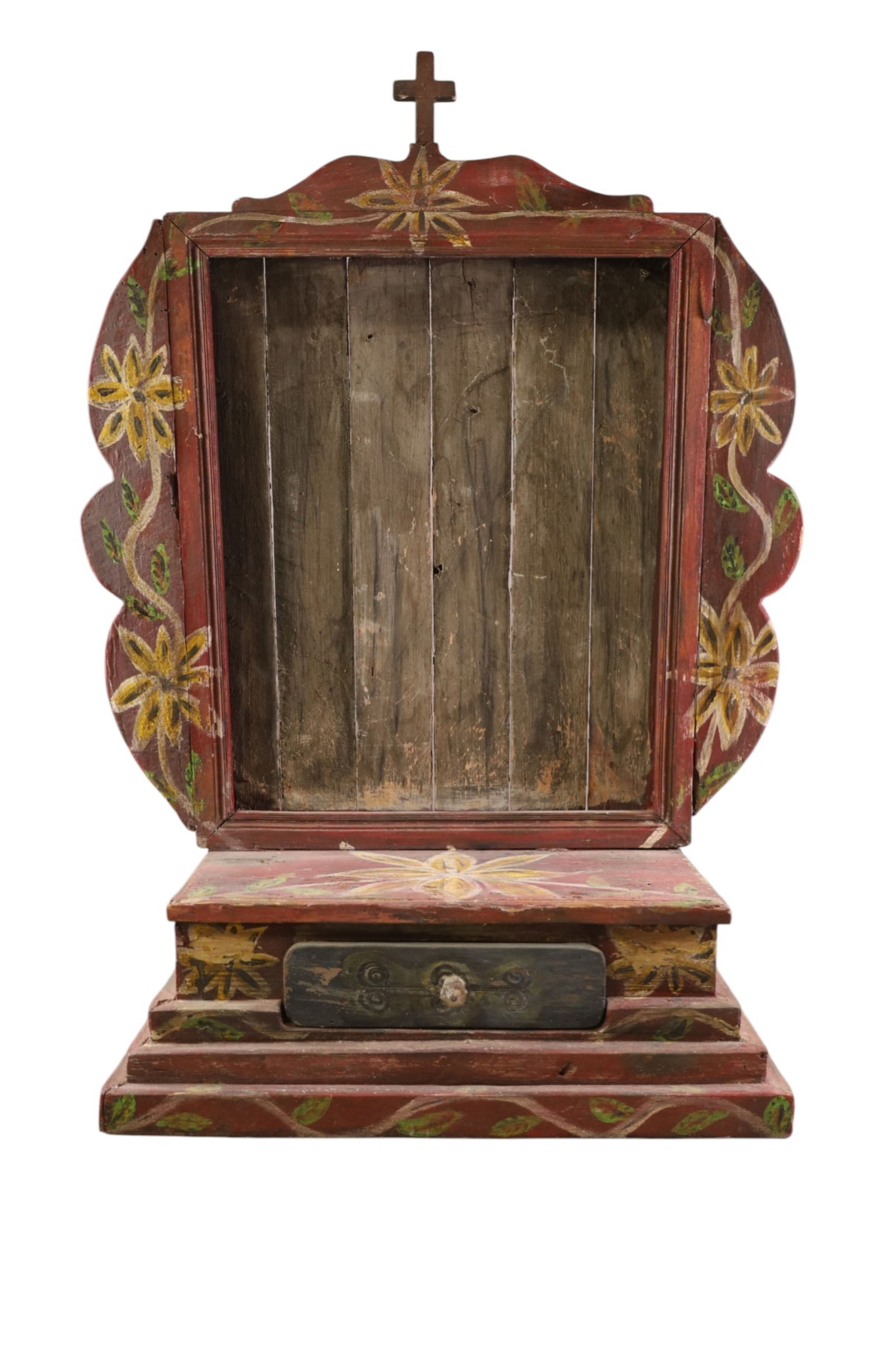 SPANISH COLONIAL SHRINE: LARGE PAINTED WOOD, SPANISH COLONIAL SHRINE. 27" W x 36" H. THIS ITEM EXCEEDS SIZE LIMITATIONS FOR IN HOUSE SHIPPING, MUST BE PICKED UP IN HOUSE OR SHIPPED VIA 3rd PARTY GROUND SHIPPER.