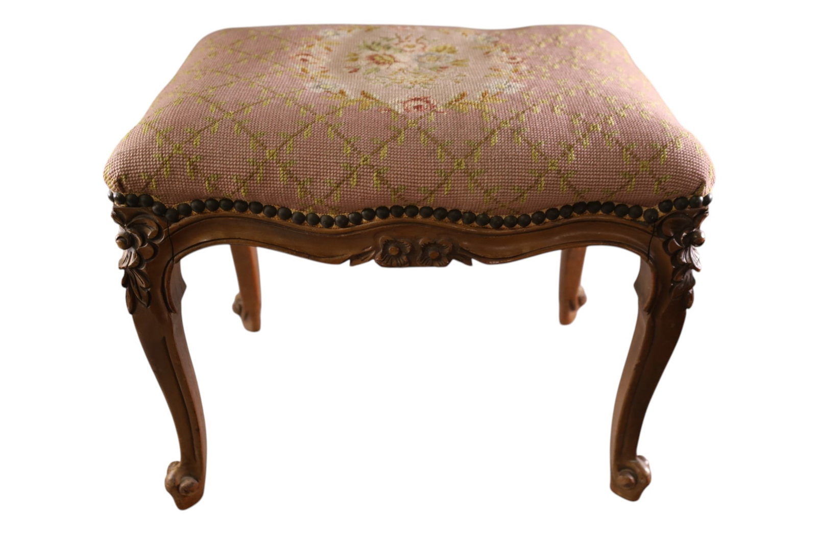 NEEDLEPOINT FOOTSTOOL: SMALL NEEDLEPOINT FOOTSTOOL, 19" W x13" D x 16" H. THIS ITEM EXCEEDS SIZE LIMITATIONS FOR IN HOUSE SHIPPING, MUST BE PICKED UP IN HOUSE OR SHIPPED VIA 3rd PARTY GROUND SHIPPER.