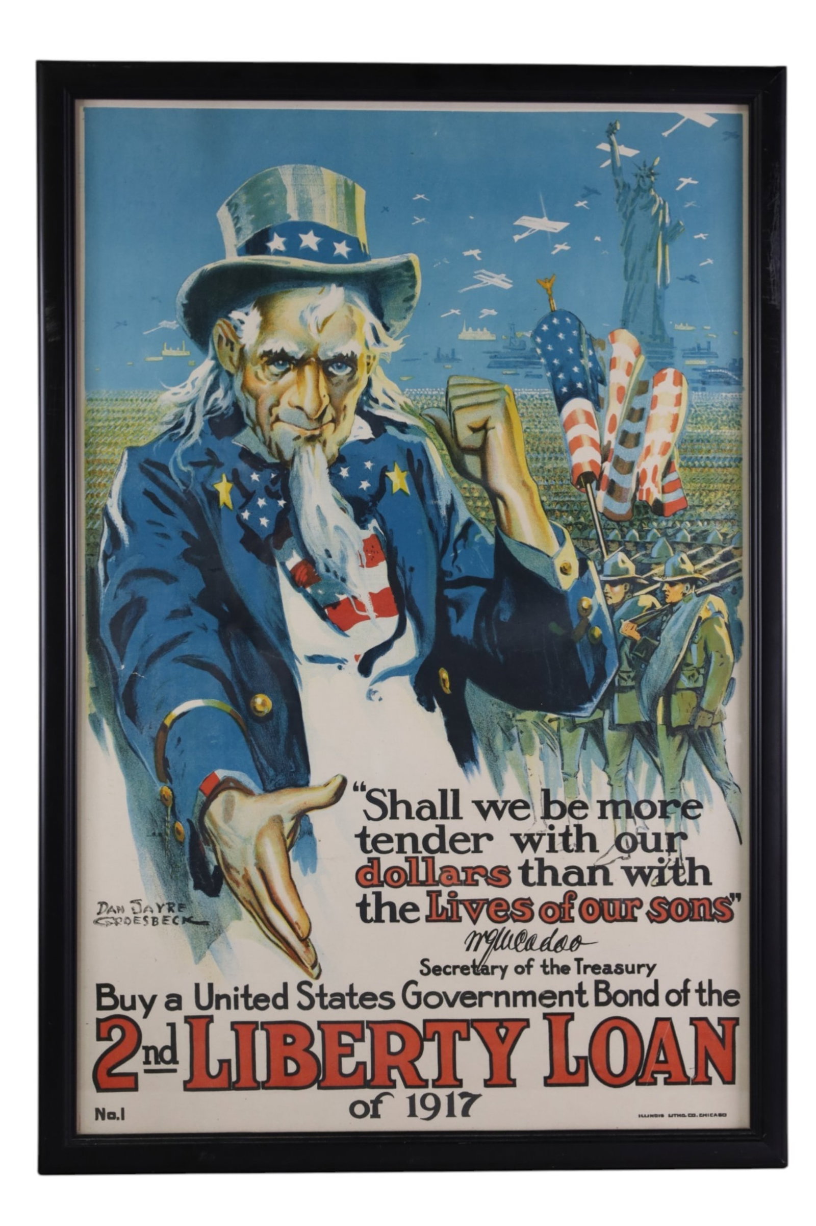 WWI UNCLE SAM WAR POSTER: DAN SAYRE GROESBECK, UNCLE SAM WWI POSTER, 22" x 32" THIS ITEM CAN BE SHIPPED IN HOUSE IF REMOVED FROM FRAME AND ROLLED.