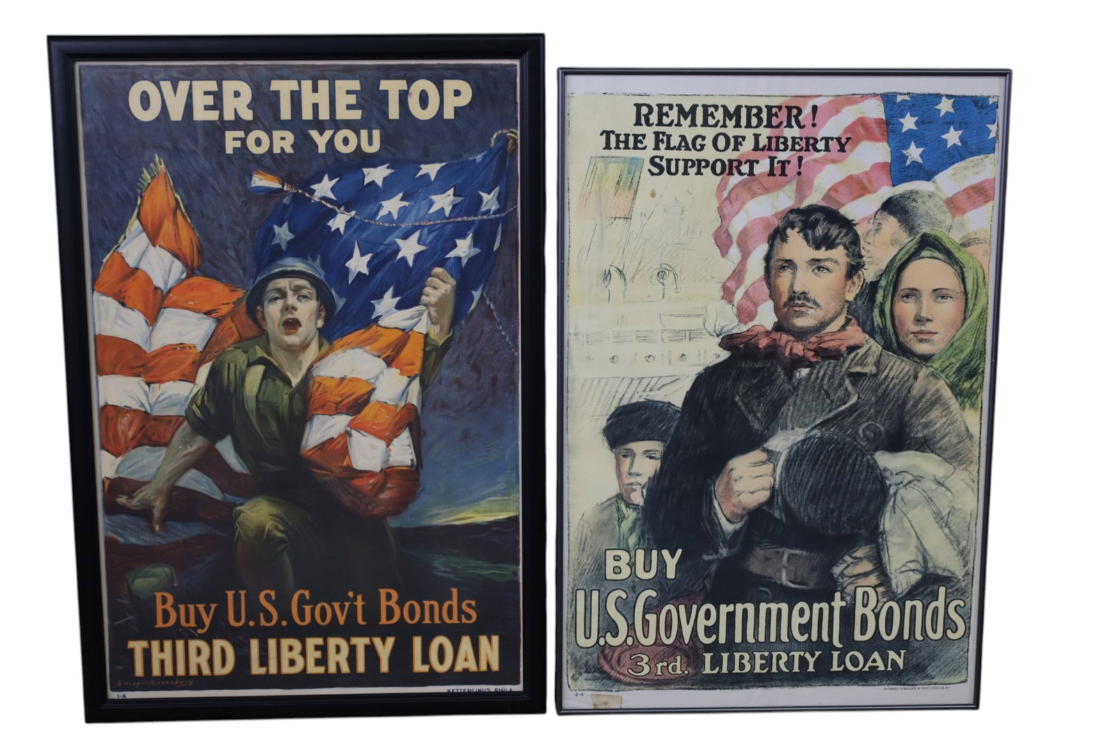 2 WAR POSTERS: OVER THE TOP FOR YOU & BUY US GOVERNMENT BONDS POSTERS. THIRD LIBERTY LOAN WAR PROPAGANDA LOANS. 20" W THIS ITEM CAN BE SHIPPED IN HOUSE IF REMOVED FROM FRAME AND ROLLED.