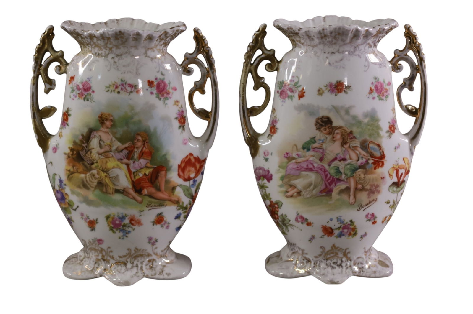PAIR OF PORCELAIN VASES: PAIR OF HAND PAINTED PORCELAIN VASES, TWO HANDLED PORTRAIT VASES. REPAIRS TO ONE VASE. 10" H.