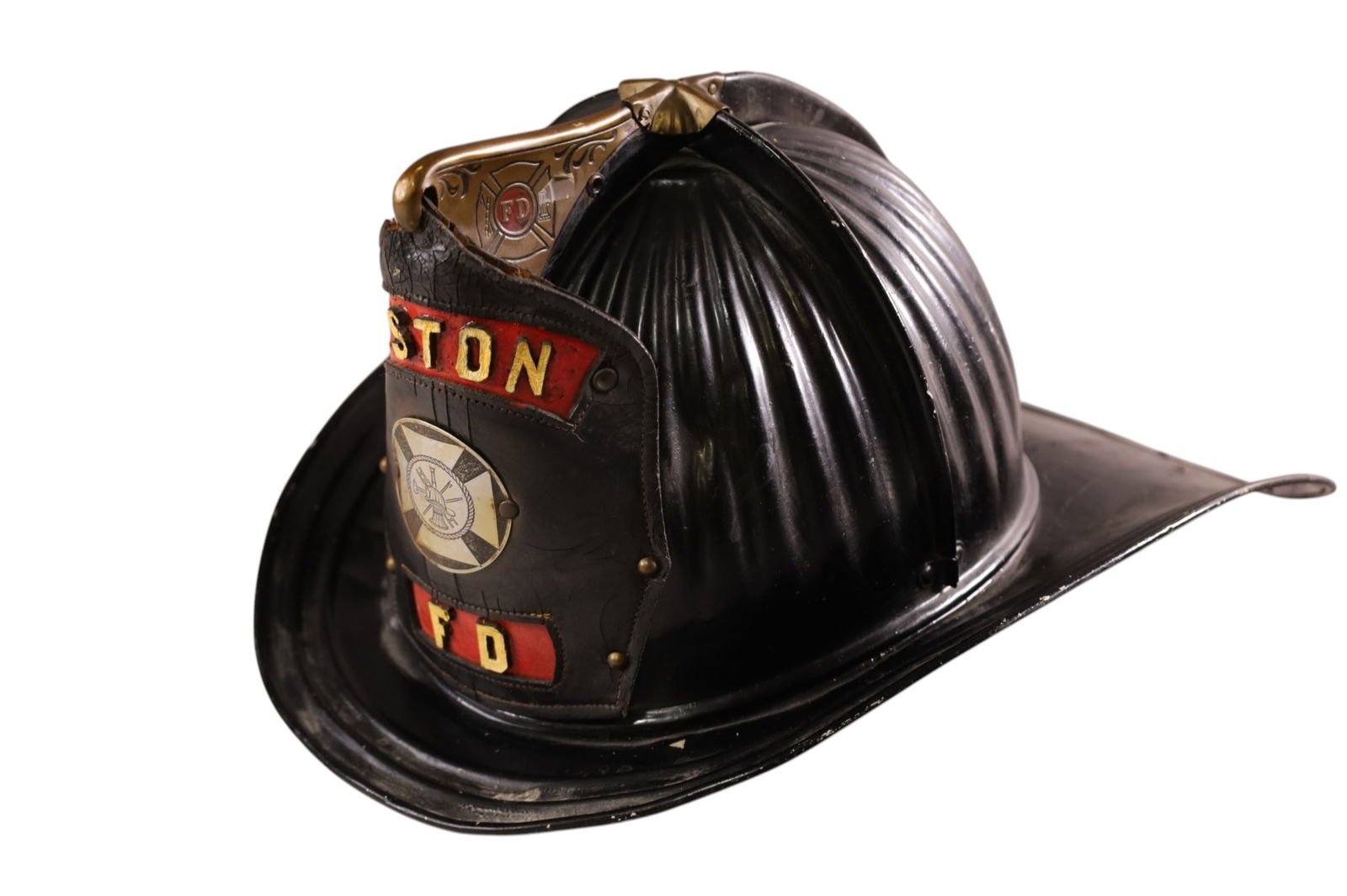 VINTAGE FIRE HELMET: CAIRNS & BROTHER N.Y. BOSTON F.D. HELMET, MISSING SOME LETTERS. ASIS