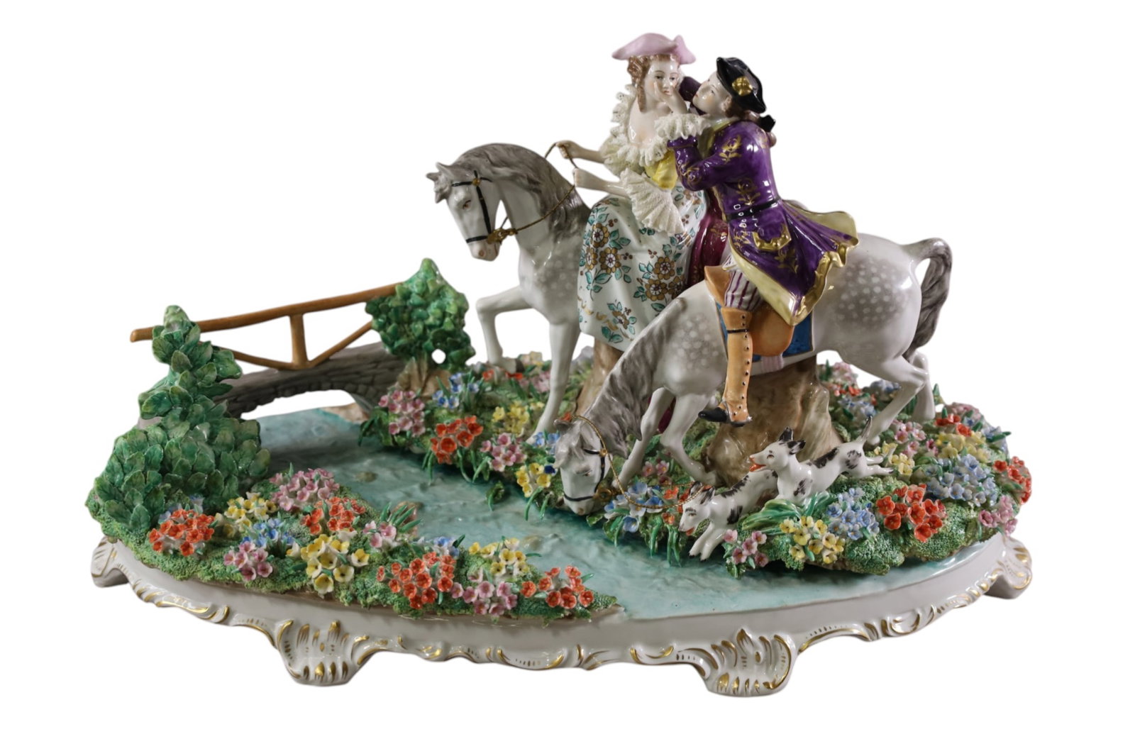 DRESDEN STYLE SCULPTURE: LARGE DRESDEN STYLE SCULPTURE, MARKED WITH CROWN. LOOSE FLOWERS. 18" W x 11" H. THIS ITEM EXCEEDS SIZE LIMITATIONS FOR IN HOUSE SHIPPING, MUST BE PICKED UP IN HOUSE OR SHIPPED VIA 3rd PARTY GROUND