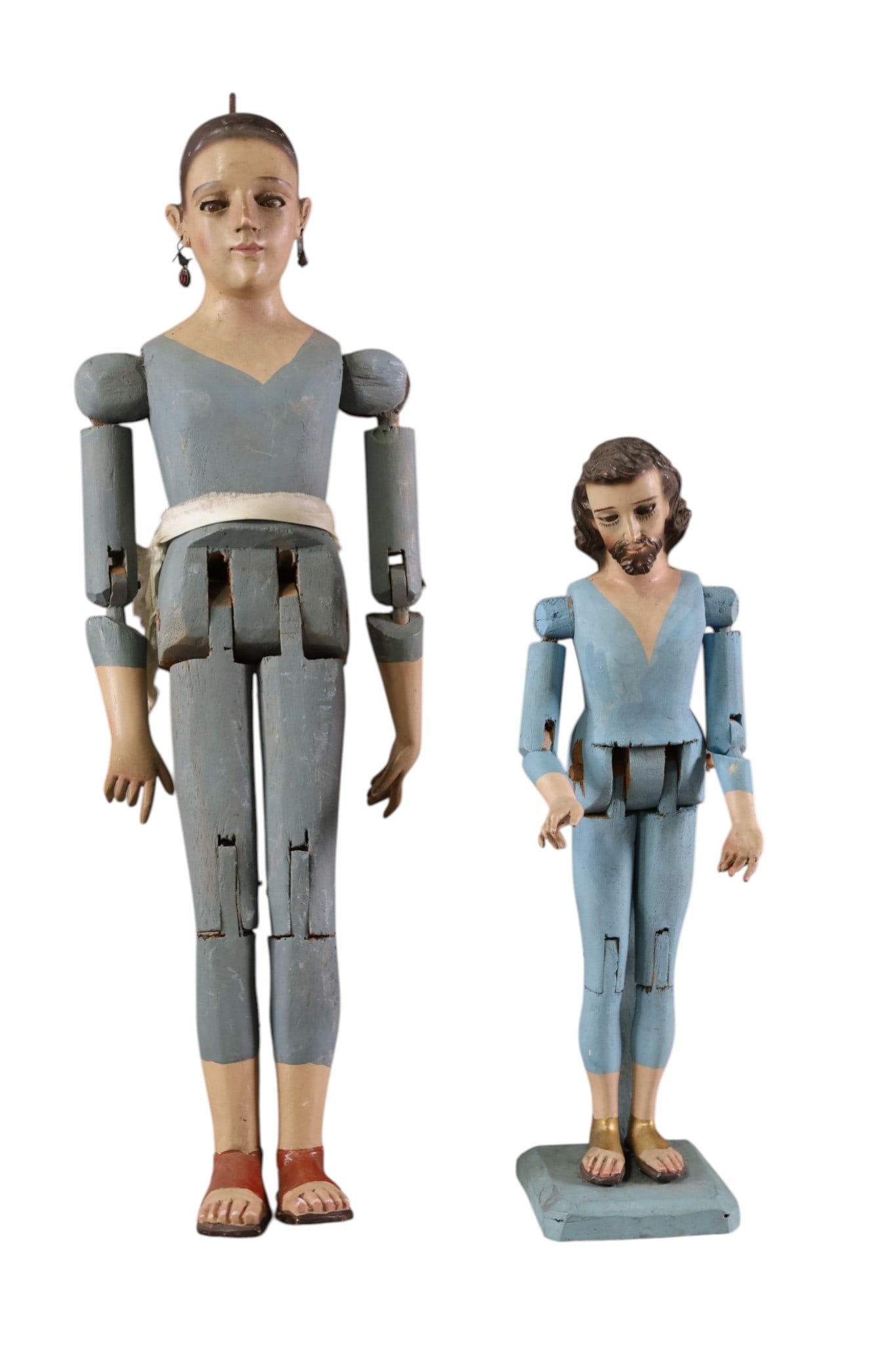 2 ARTICULATED SANTOS: WOODEN SANTOS, ARTICULATED RELIGIOUS SANTO. 13 & 19" H.