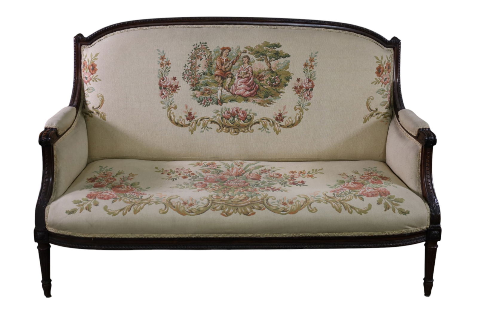 FRENCH STYLE SETTEE: FRENCH STYLE SETTEE, FLORAL UPHOSLTERY. 59" W x 31" D x 39" H. THIS ITEM EXCEEDS SIZE LIMITATIONS FOR IN HOUSE SHIPPING, MUST BE PICKED UP IN HOUSE OR SHIPPED VIA 3rd PARTY GROUND SHIPPER.