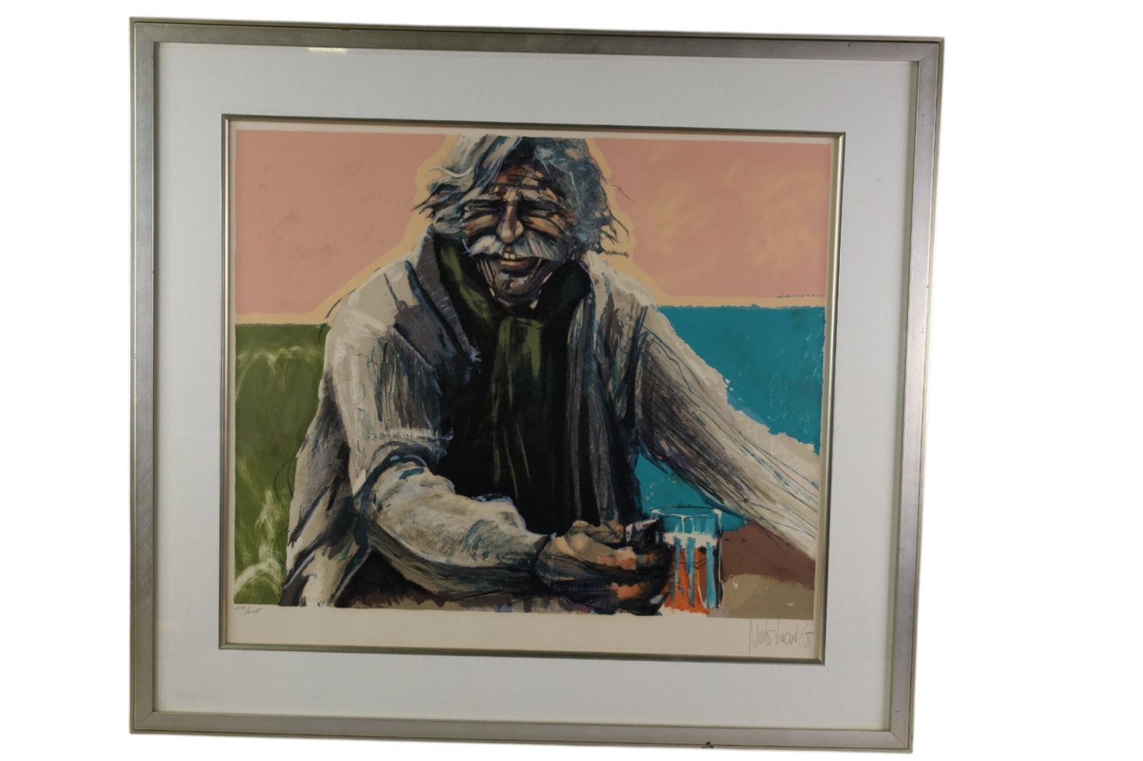 ALDO LUONGO LITHOGRAPH: TITLED AFTERNOON BEER, SIGNED LOWER RIGHT IN PENCIL. 204/375. 30" x 33" IN FRAME.