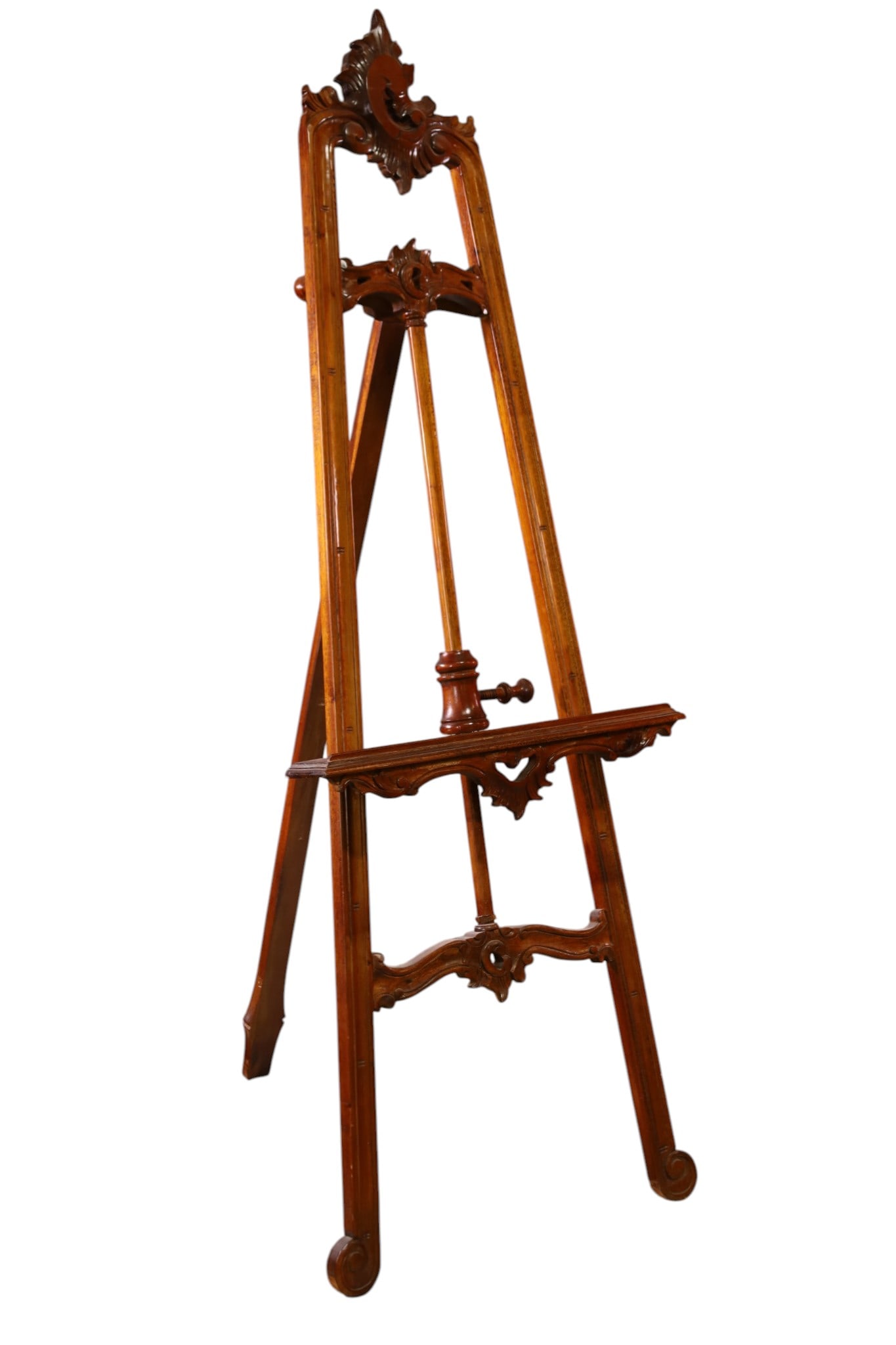 CARVED EASEL: CONTEMPORARY CARVED MAHOGANY EASEL, ADJUSTABLE. 24" W x 67" H. THIS ITEM EXCEEDS SIZE LIMITATIONS FOR IN HOUSE SHIPPING, MUST BE PICKED UP IN HOUSE OR SHIPPED VIA 3rd PARTY GROUND SHIPPER.