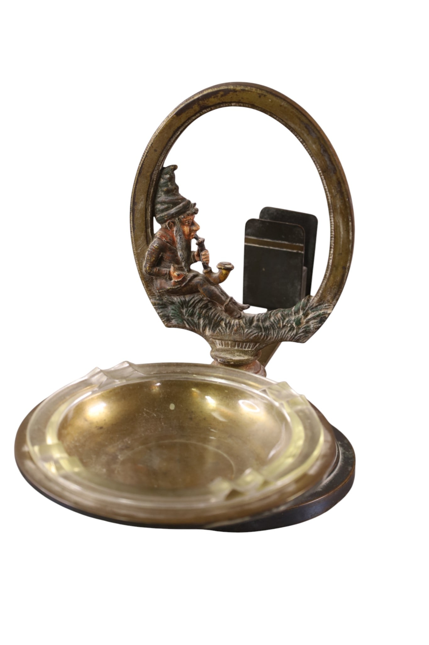 1920'S GNOME CAST METAL ASHTRAY: MATCH HOLDER, WITH ASHTRAY, 12" L x 9" H.