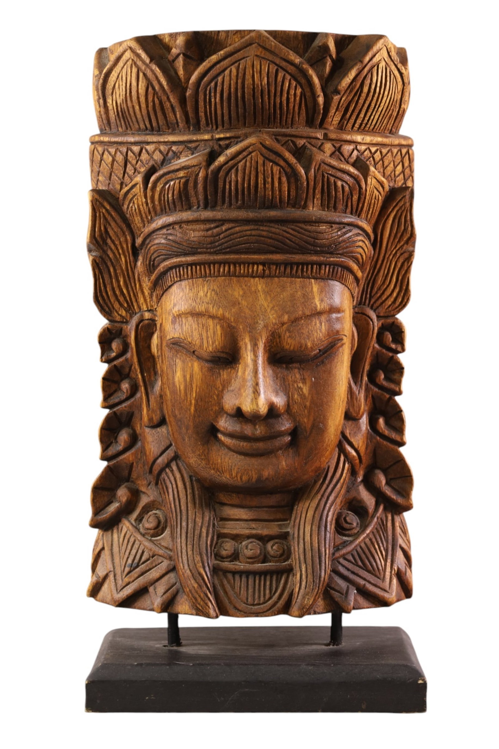 CARVED WOOD THAI FIGURE: CARVED WOODEN THAI FIGURE ON STAND, 10" W x 20" H.