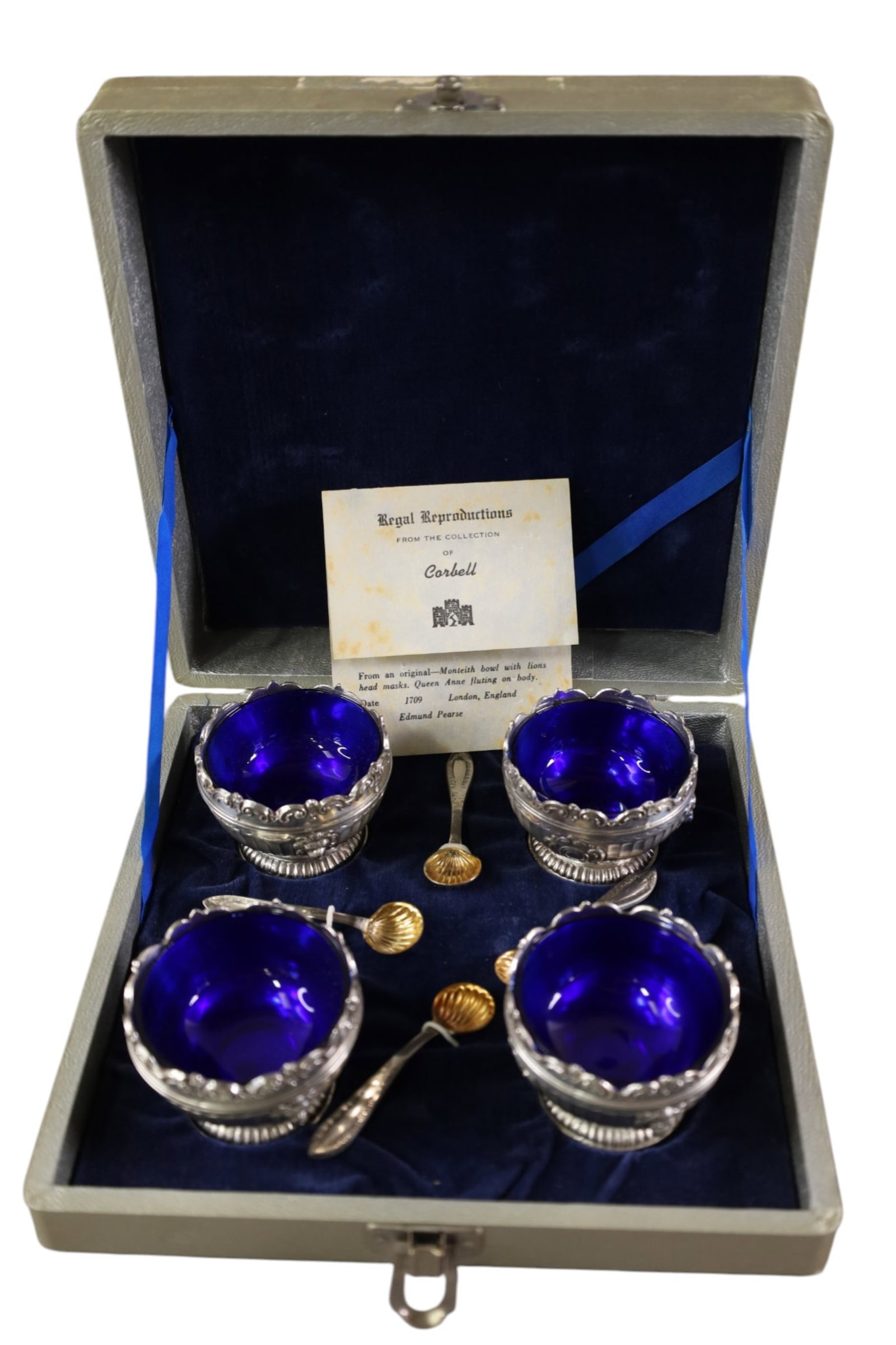 SALTS & SPOONS IN ORIGINAL CASE: 4 SALTS AND SPOONS IN ORIGINAL CASE. 2" DIAM .