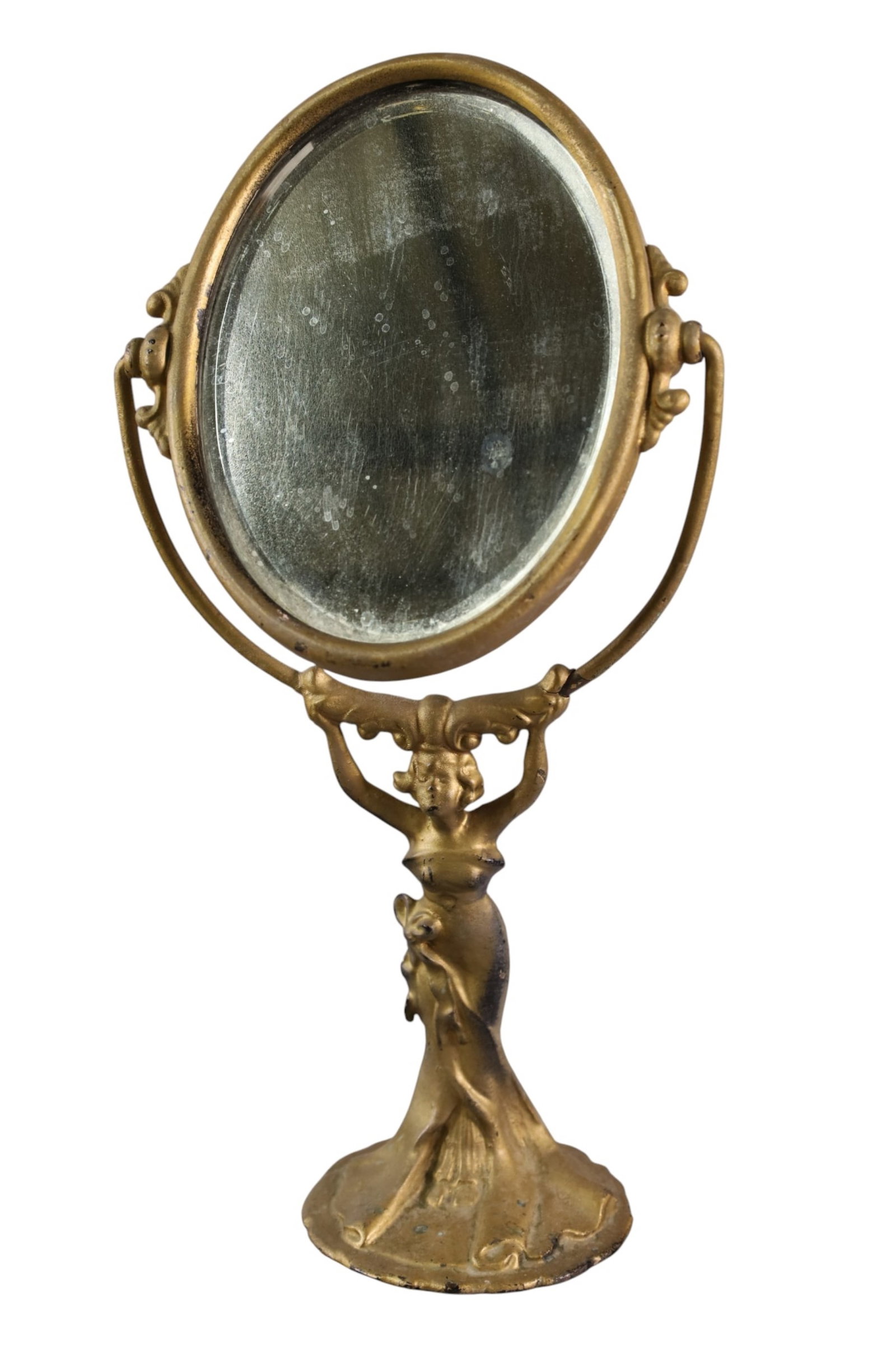 ART NOUVEAU VANITY MIRROR: SWIVEL CAST IRON ART NOUVEAU VANITY MIRROR, 14" H.