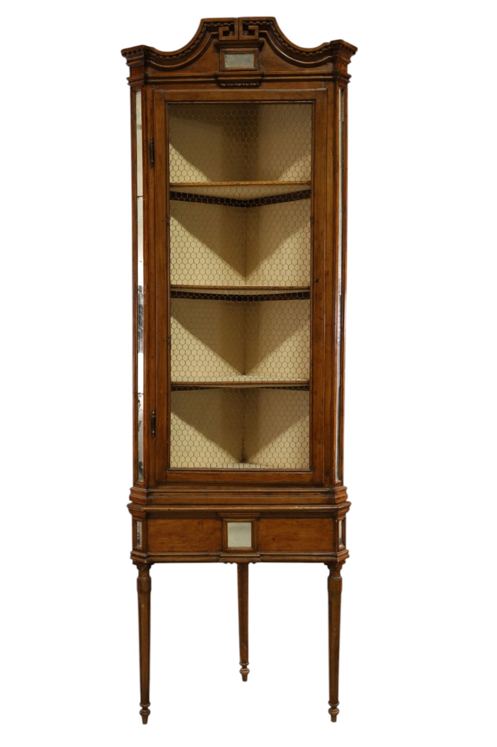 ANTIQUE FRENCH CORNER CABINET: 2 PART TALL FRENCH CORNER CABINET, MIRRORED ACCENTS, WIRE FRONT, MINOR WEAR TO FINISH. 30" W x 18" D x 90 1/2" H. THIS ITEM EXCEEDS SIZE LIMITATIONS FOR IN HOUSE SHIPPING, MUST BE PICKED UP IN