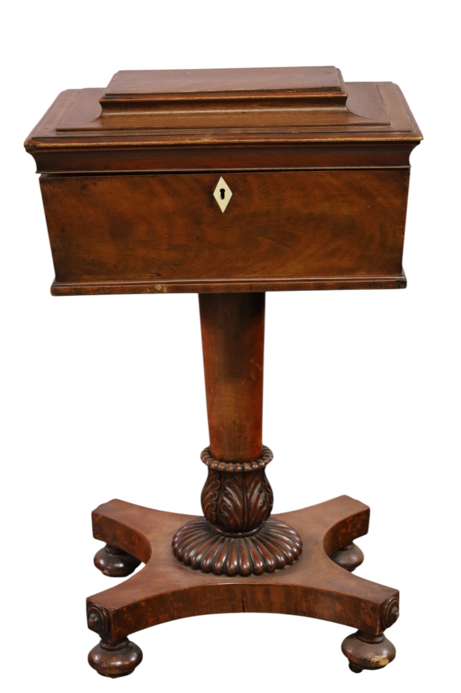 TEA CADDY ON STAND: ENGLISH TEA CADDY ON STAND, 19TH CENTURY WILLIAM IV PERIOD FLIP TOP LID TEAPOY, WITH INTERIOR COMPARTMENTS. 18" W x 14" D x 28" H. THIS ITEM EXCEEDS SIZE LIMITATIONS FOR IN HOUSE SHIPPING, MUST