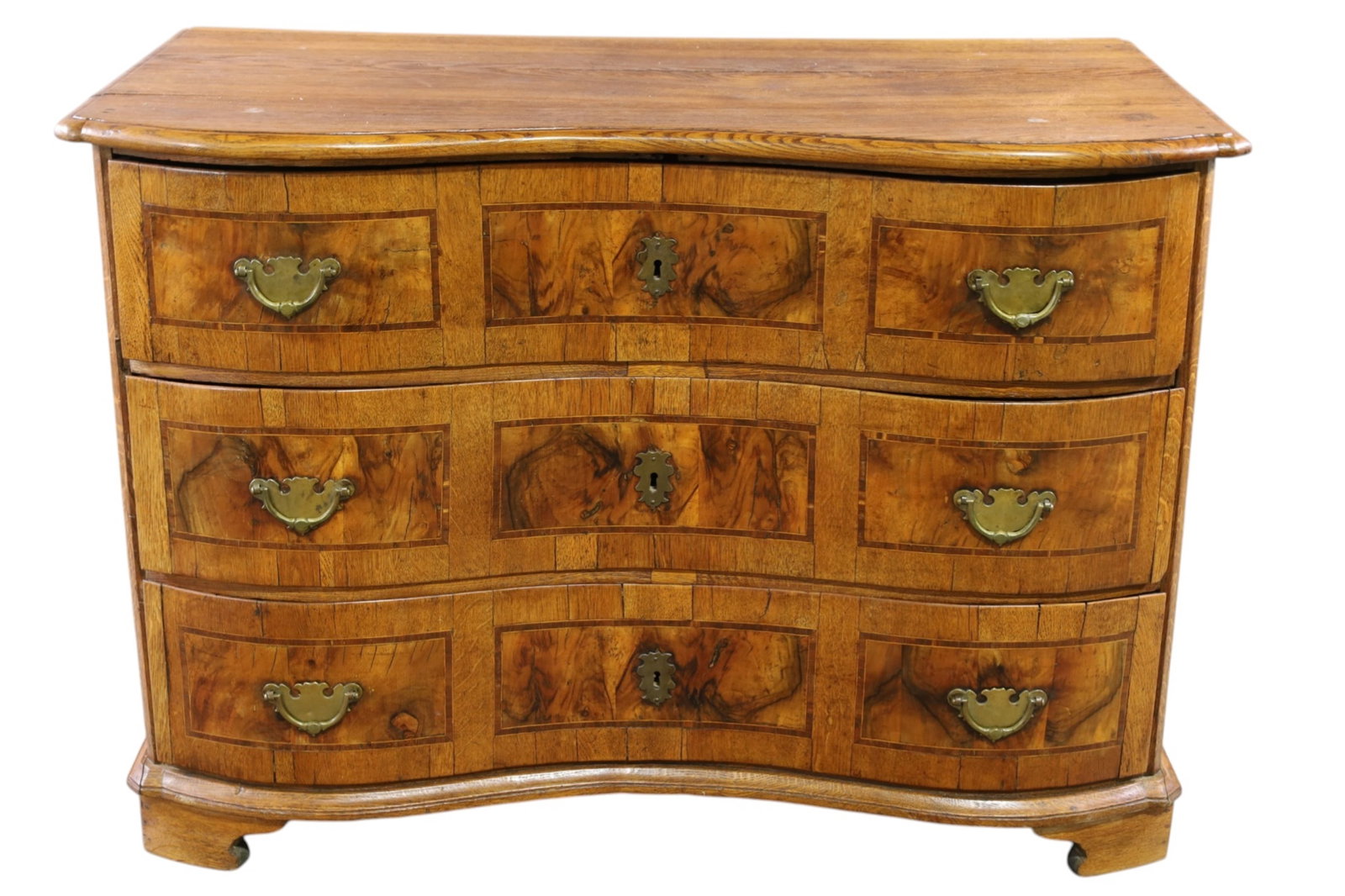 GERMAN BAROQUE CHEST: 3 DRAWER 18TH CENTURY BURLED GERMAN BAROQUE CHEST, CONDITION IS CONSISTENT WITH AGE. 43 1/2" W x 23 1/4" D x 30"H . THIS ITEM EXCEEDS SIZE LIMITATIONS FOR IN HOUSE SHIPPING, MUST BE PICKED UP IN