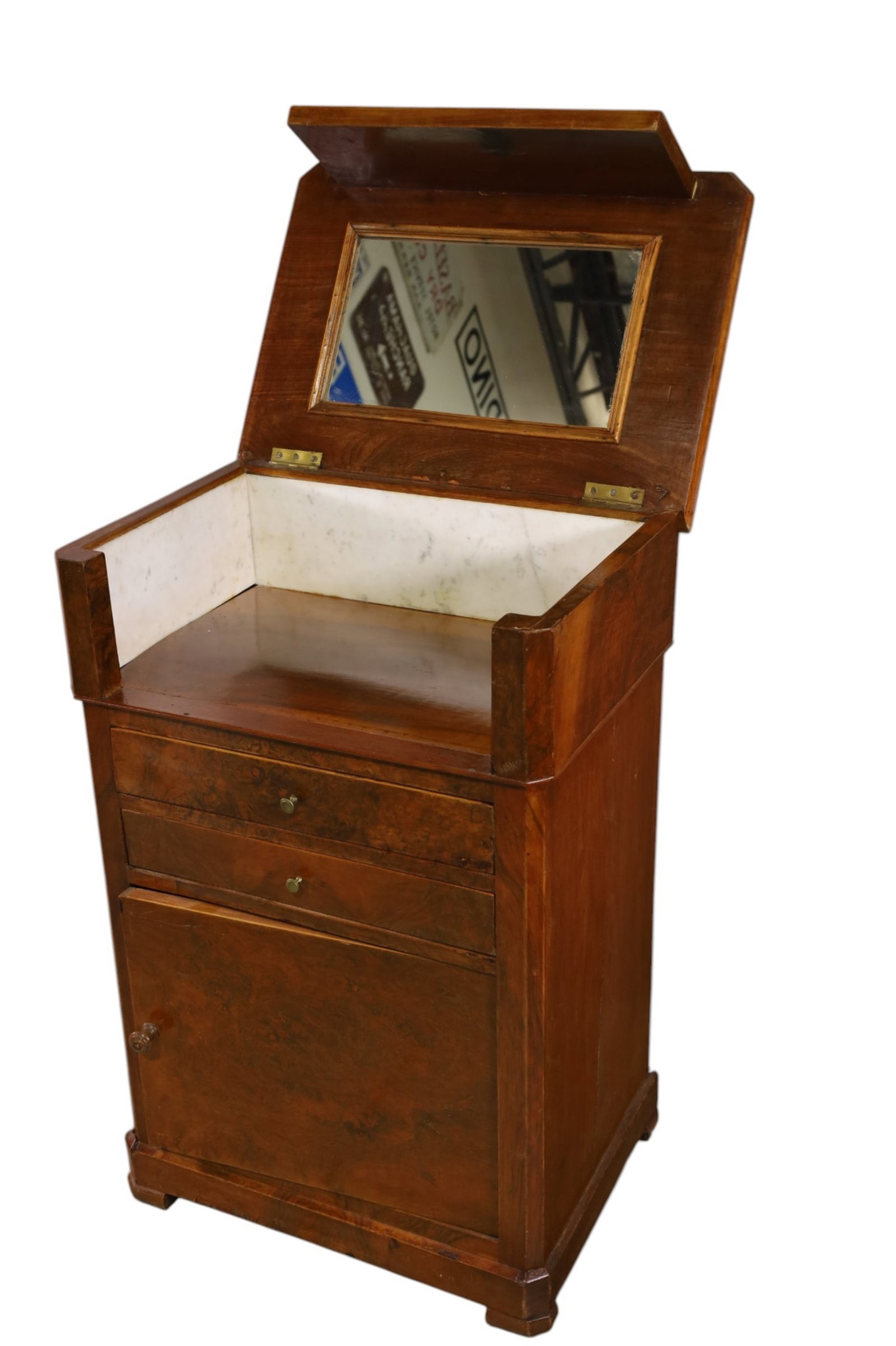 19TH CENTURY FLIP TOP WASH BASIN: FRENCH WASH BASIN, LIFT TOP, LOWER DOOR. MARBLE LINED UPPER. 23" W x 16" D x 35" H. THIS ITEM EXCEEDS SIZE LIMITATIONS FOR IN HOUSE SHIPPING, MUST BE PICKED UP IN HOUSE OR SHIPPED VIA 3rd PARTY