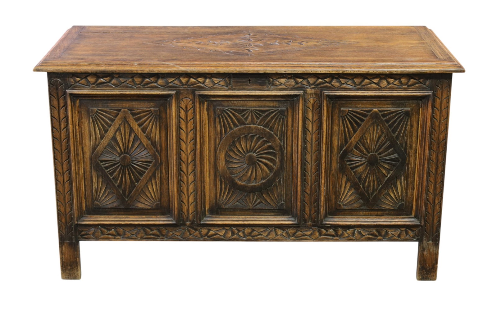 SPANISH STYLE OAK BLANKET CHEST: SPANISH STYLE OAK BLANKET CHEST, PANELED FRONT AND SIDES. AGE SPLIT. 43" W x 18" D x 24" H. THIS ITEM EXCEEDS SIZE LIMITATIONS FOR IN HOUSE SHIPPING, MUST BE PICKED UP IN HOUSE OR SHIPPED VIA 3rd