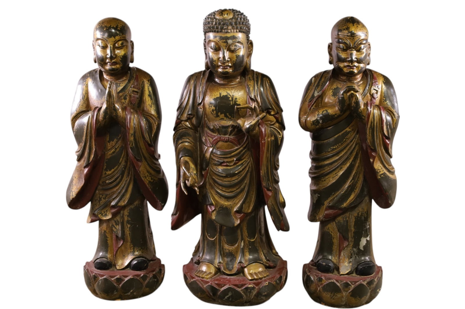 3 APPROX. 4 FEET TALL TIBETAN BUDDHISM STATUES: 3 LARGE TIBETAN BUDDHISM STATUES, BUDDHA, GUAN YIN CARVED WOOD WITH PAINTED FINISH. REPAIRS TO FINGERS. PAINT LOSS. 49" H. THIS ITEM EXCEEDS SIZE LIMITATIONS FOR IN HOUSE SHIPPING, MUST BE PICKED 