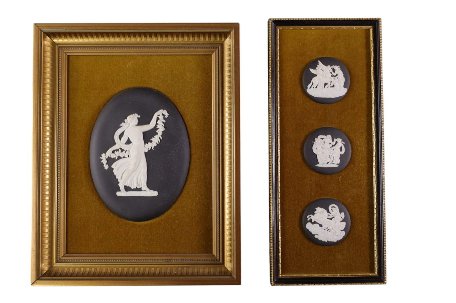 WEDGWOOD BASALT PLAQUES: 2 PIECES OF WEDGWOOD BASALT PLAQUES, 5" L PLAQUE. & 1 3/4" DIAM PLAQUE.