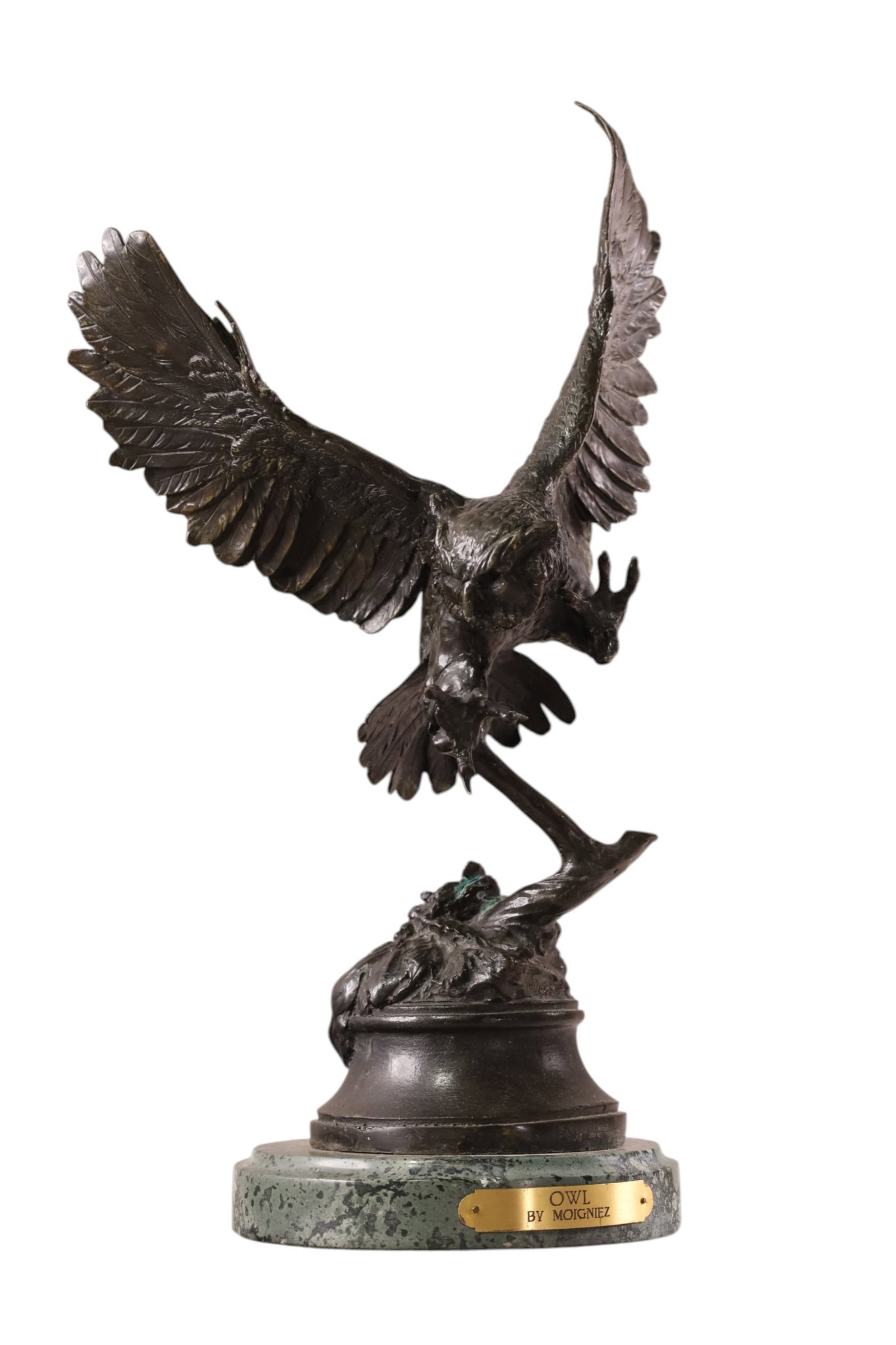 OWL BRONZE: OWL BRONZE, ON MARBLE BASE, AFTER MOIGNIEZ, MARKED WITH METAL TAG. 18 1/2" H.