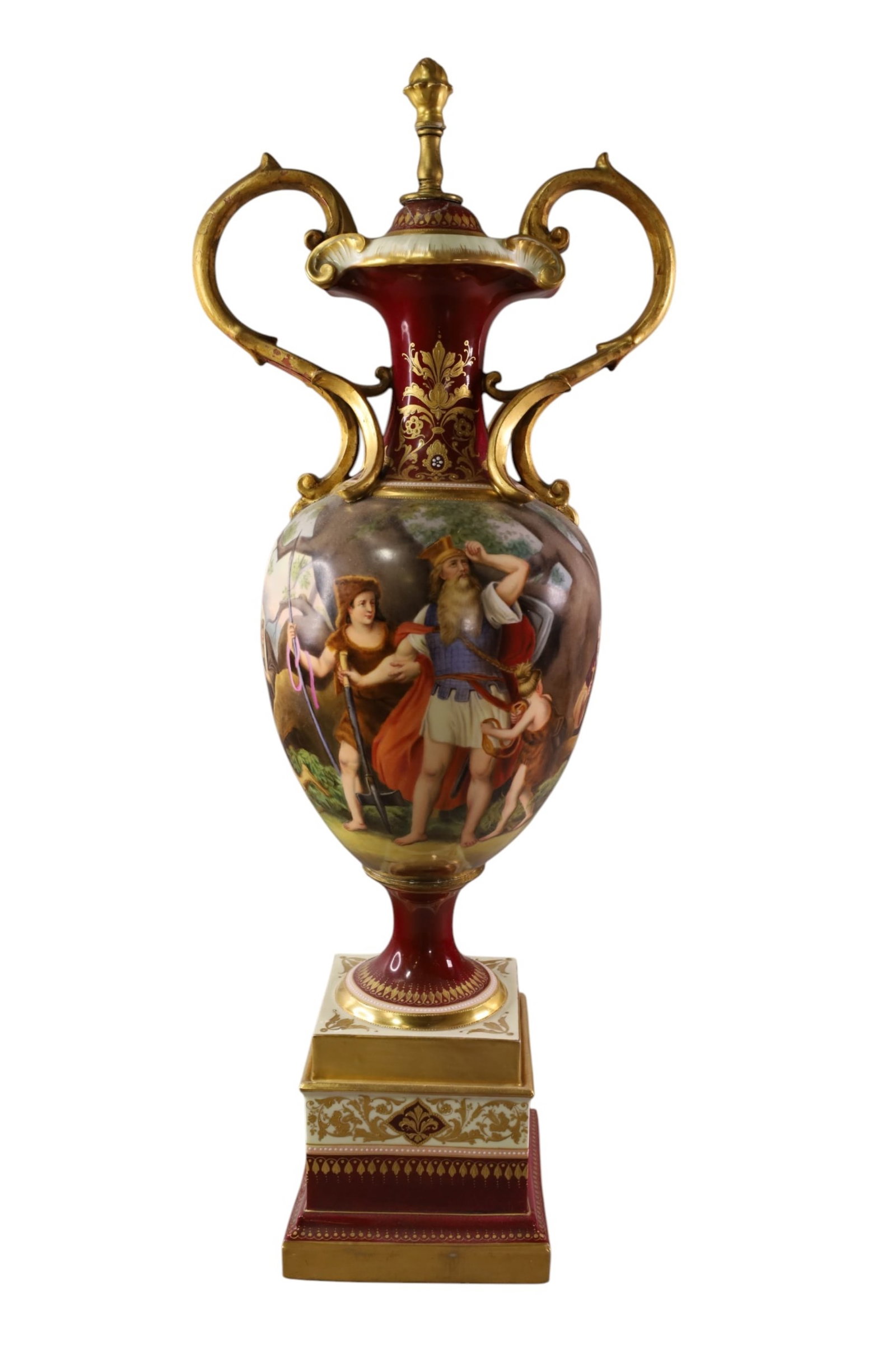 LARGE ROYAL VIENNA URN: HAND PAINTED PORCELAIN ROYAL VIENNA URN, REPAIRS TO HANDLE, CRACK TO LID. 29" H.