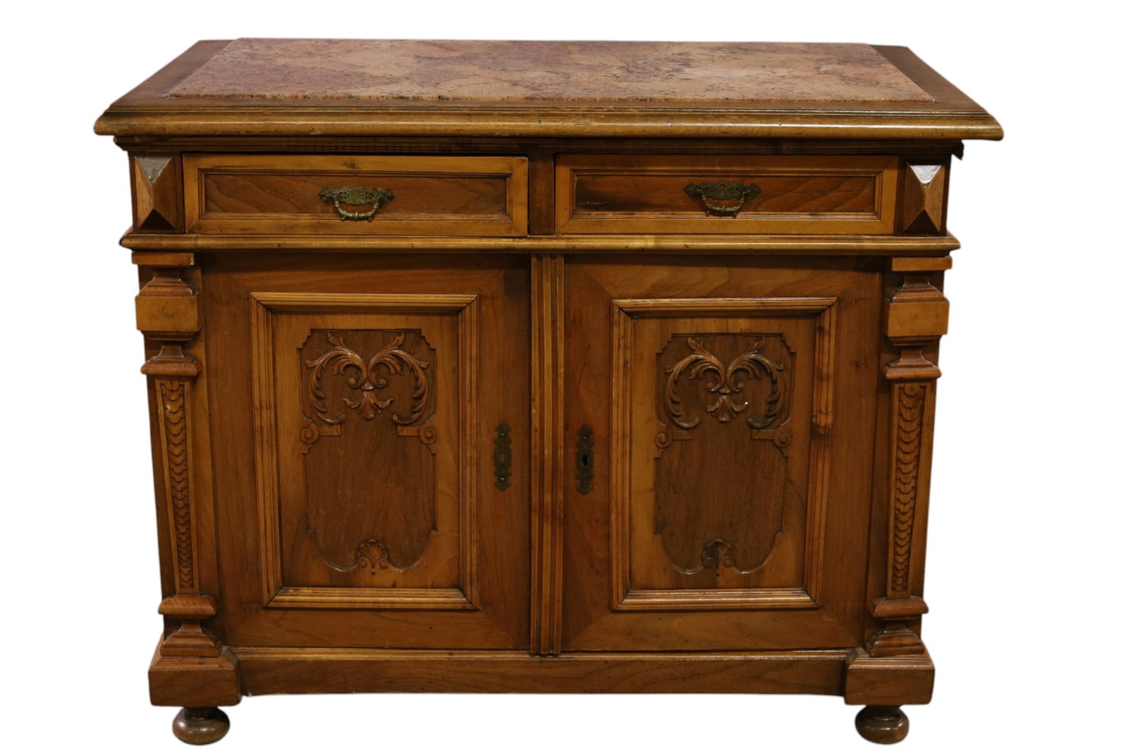 1900'S FRENCH MARBLE TOP SERVER: TWO DRAWER, TWO DOOR MARBLE TOP SERVER, 43" W x 23" D x 35" H. THIS ITEM EXCEEDS SIZE LIMITATIONS FOR IN HOUSE SHIPPING, MUST BE PICKED UP IN HOUSE OR SHIPPED VIA 3rd PARTY GROUND SHIPPER.