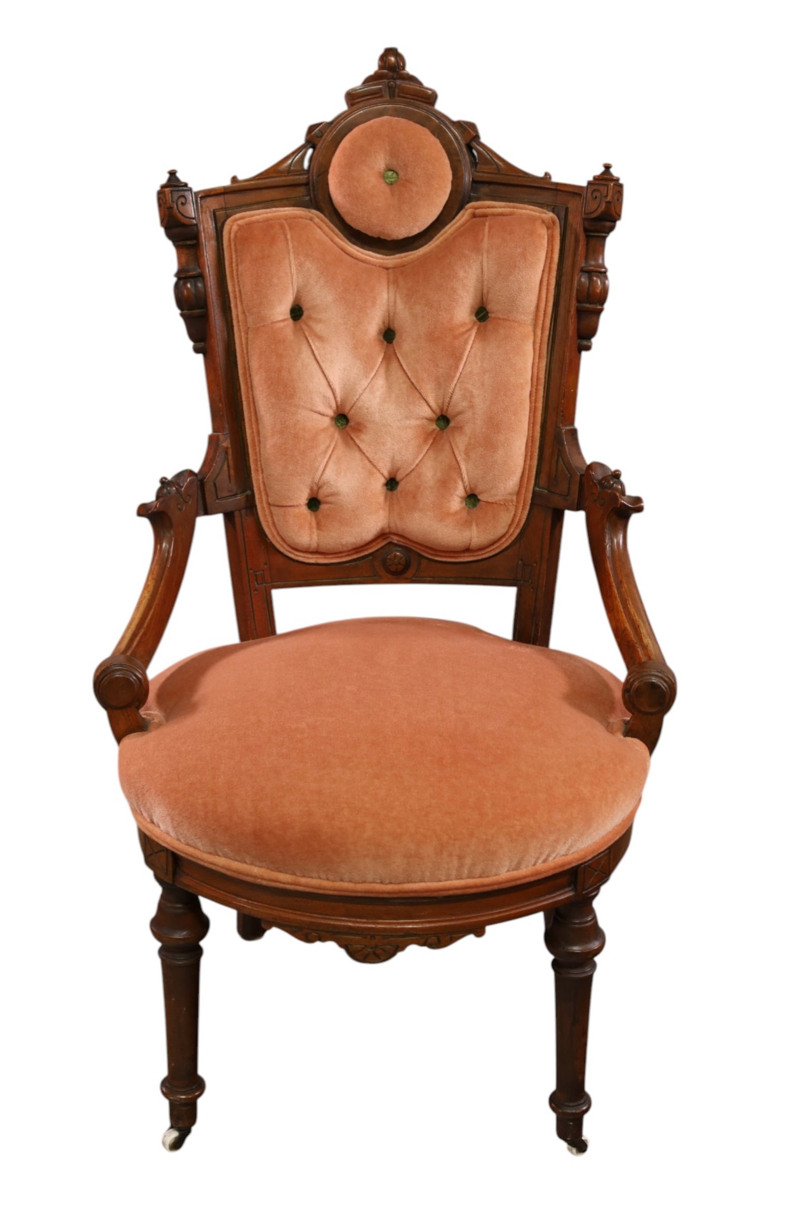 VICTORIAN PARLOR CHAIR: VICTORIAN PARLOR CHAIR, 21" W x18" D x 39 1/2" H. THIS ITEM EXCEEDS SIZE LIMITATIONS FOR IN HOUSE SHIPPING, MUST BE PICKED UP IN HOUSE OR SHIPPED VIA 3rd PARTY GROUND SHIPPER.
