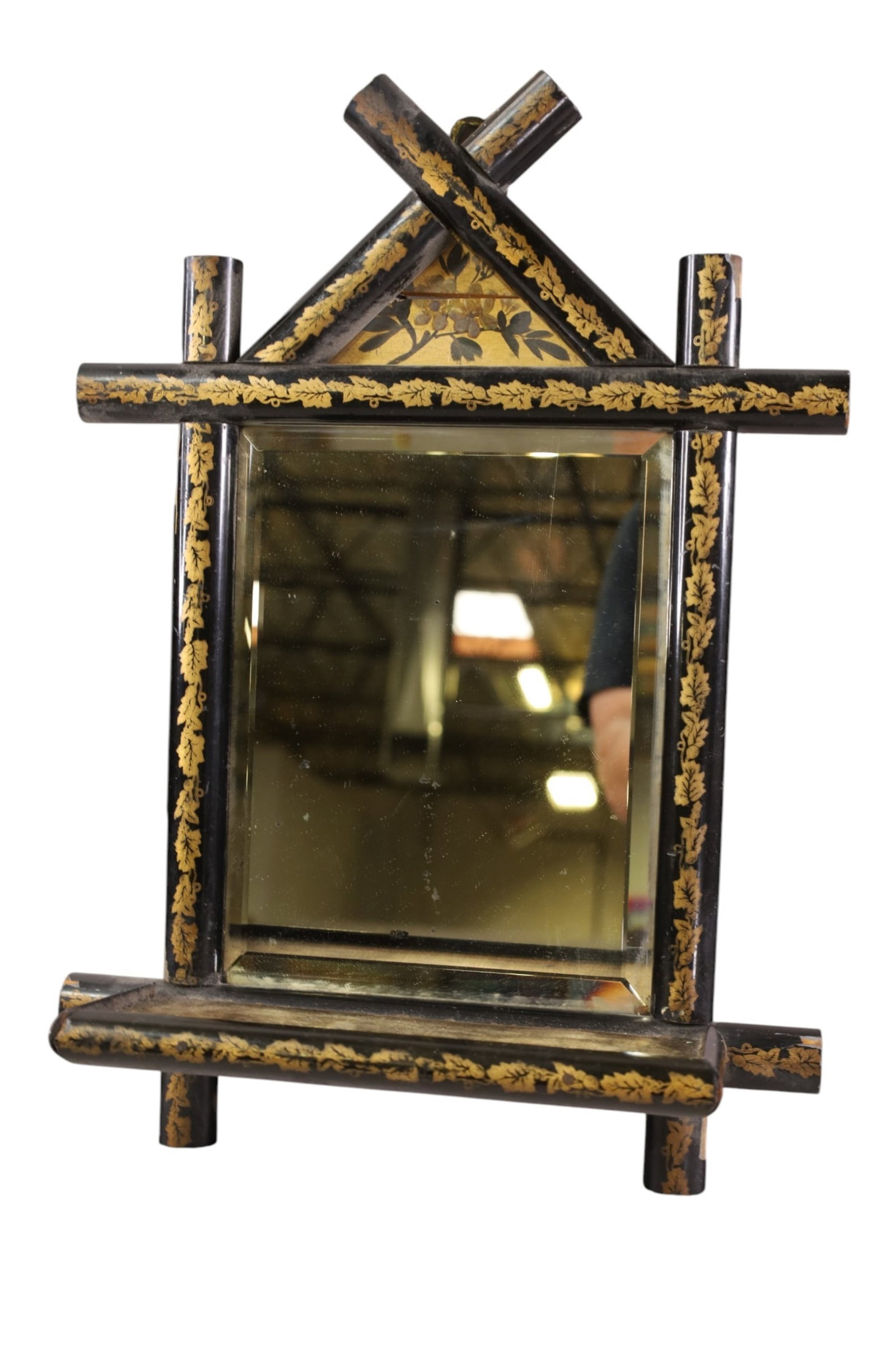 VICTORIAN WALL MIRROR: HAND PAINTED VICTORIAN WALL MIRROR AND LOWER SHELF, 12" W x 16" H. CRACK TO TOP PANEL.