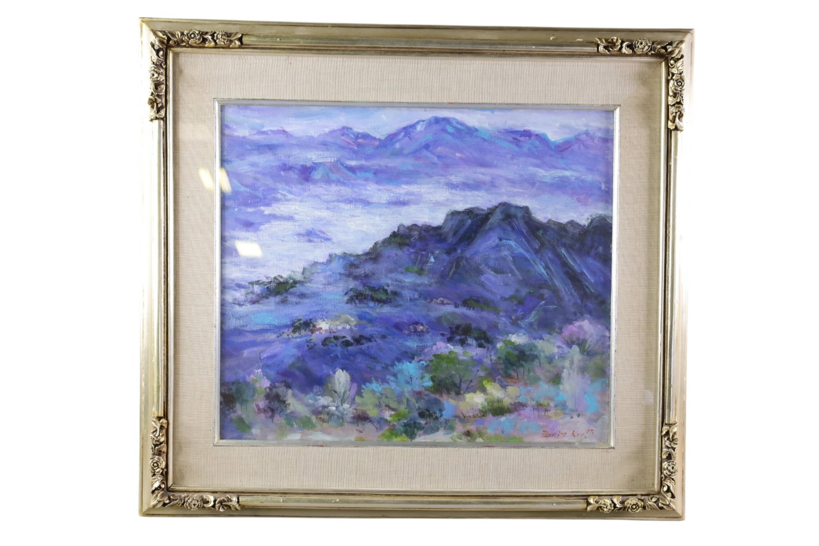 LANDSCAPE OIL PAINTING: OIL ON CANVAS, FRAMED UNDER GLASS. SIGNED ILLEGIBLE. 21" x 18" IMAGE SIZE / 29" x 26" IN FRAME.