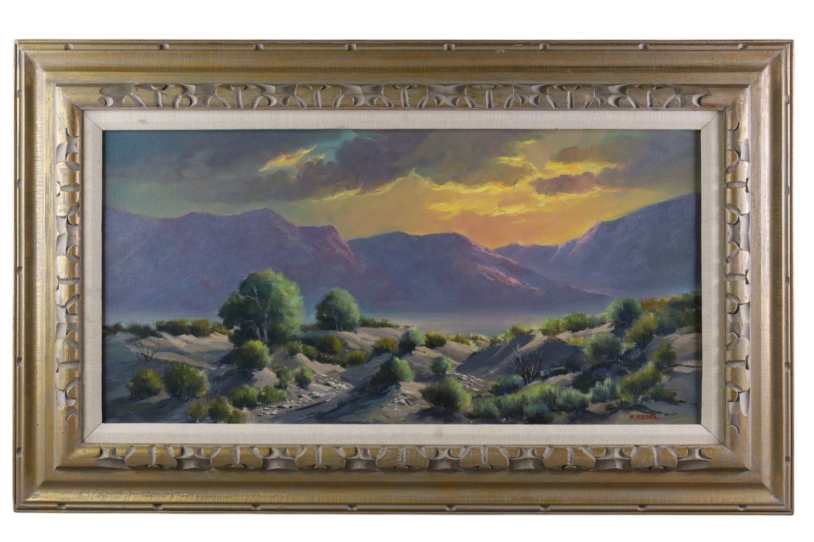 DESERT LANDSCAPE OIL PAINTING: OIL ON CANVAS, SIGNED LOWER RIGHT, M. MOORE. DESERT LANDSCAPE OIL PAINTING. 30" x 15" IMAGE SIZE / 38" x 24" IN FRAME.