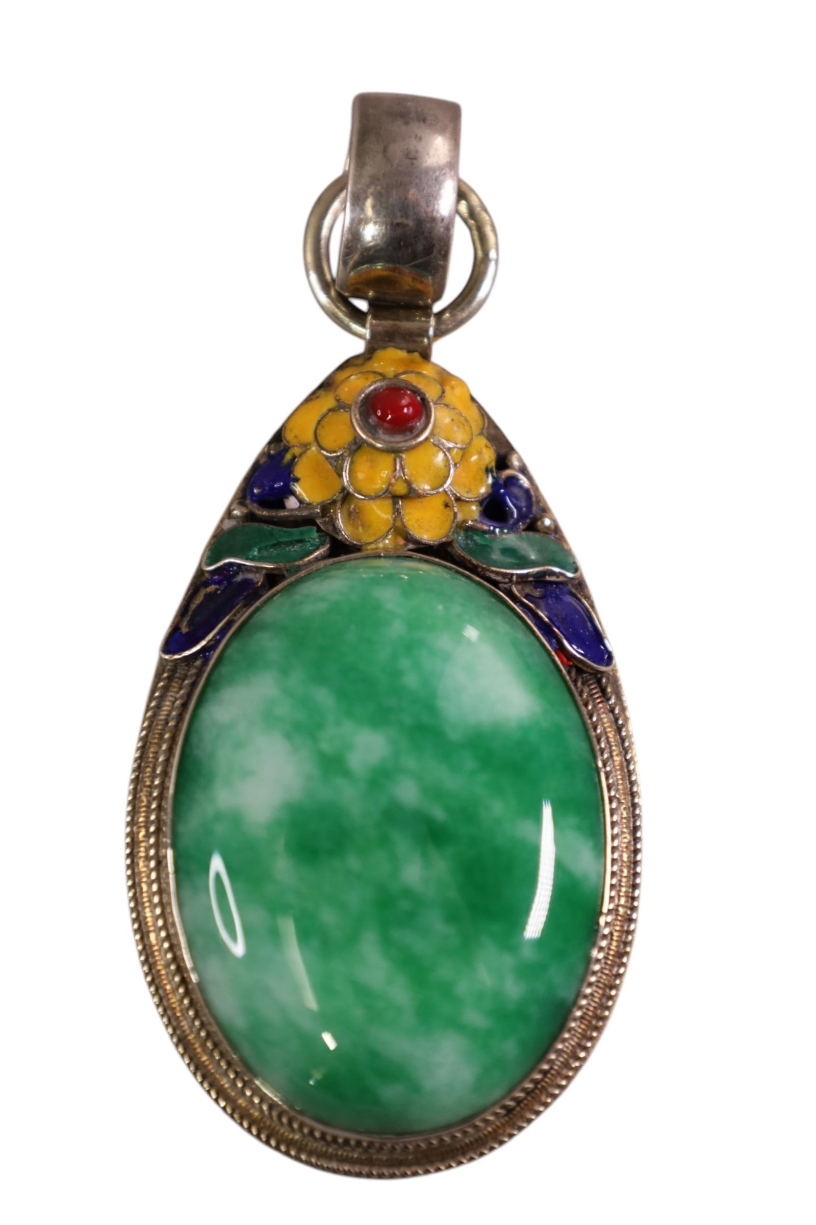 LARGE SILVER & JADE PENDANT: LARGE CHINESE JADE AND SILVER PENDANT, MARKED ON REVERSE. 3" L.
