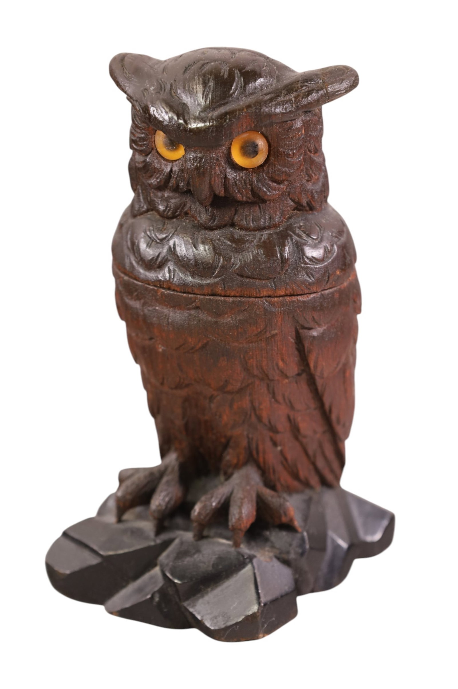 ANTIQUE CARVED WOOD OWL INKWELL: WOODEN CARVED OWL FORM INKWELL, 6" H. BLACK FOREST