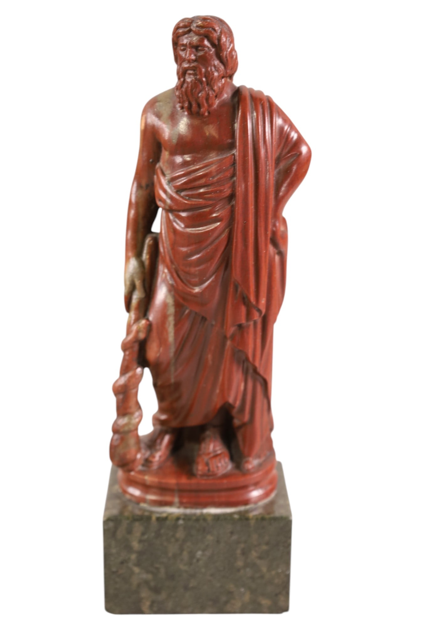 GREEK FIGURE: SMALL GREEK FIGURE, CARVED STONE, OF ASCLEPIUS. ON MARBLE BASE. 8 1/2" H.