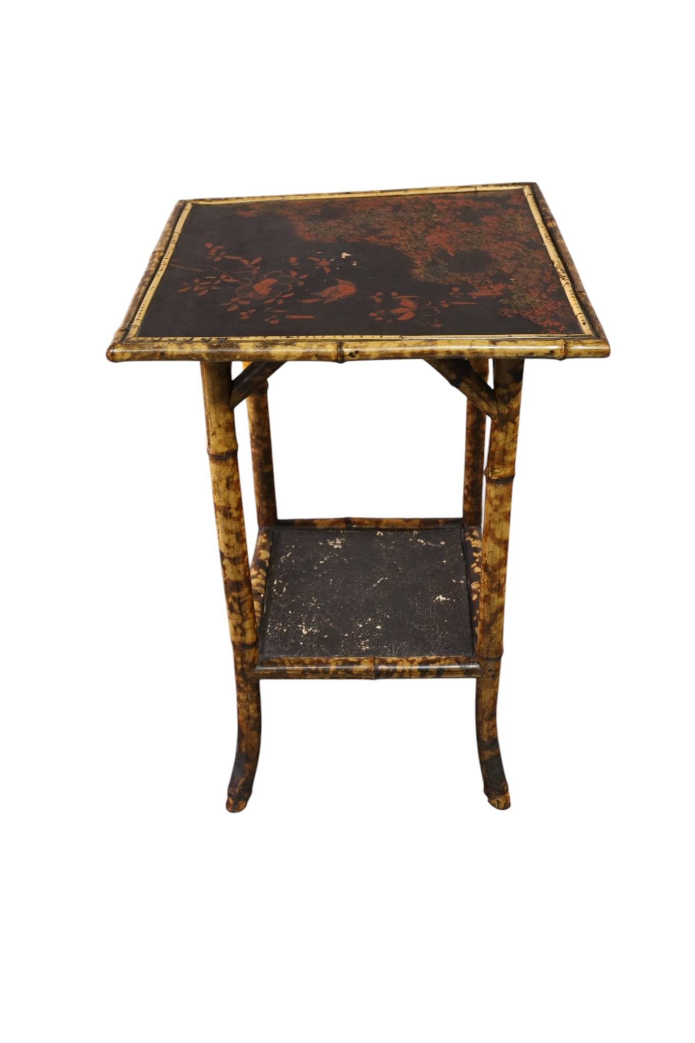 VICTORIAN BAMBOO SIDE TABLE: TWO TIER VICTORIAN BAMBOO SIDE TABLE, BIRD DECORATED TOP. 19" x 19" x 28" H. THIS ITEM EXCEEDS SIZE LIMITATIONS FOR IN HOUSE SHIPPING, MUST BE PICKED UP IN HOUSE OR SHIPPED VIA 3rd PARTY GROUND