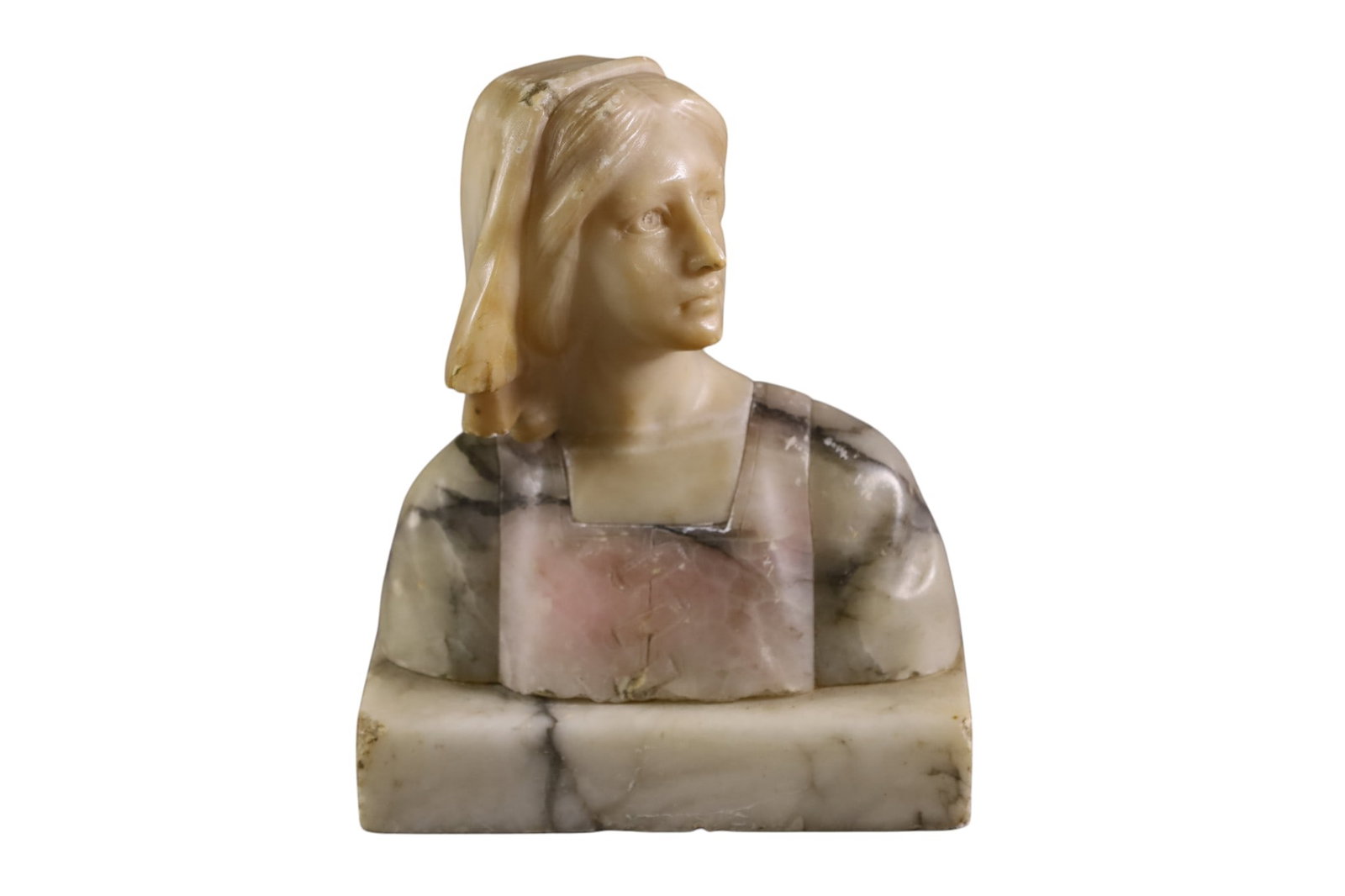ALABASTER BUST: SMALL ALABSTER BUST, SOME CHIPS. 6" W x 7" H.