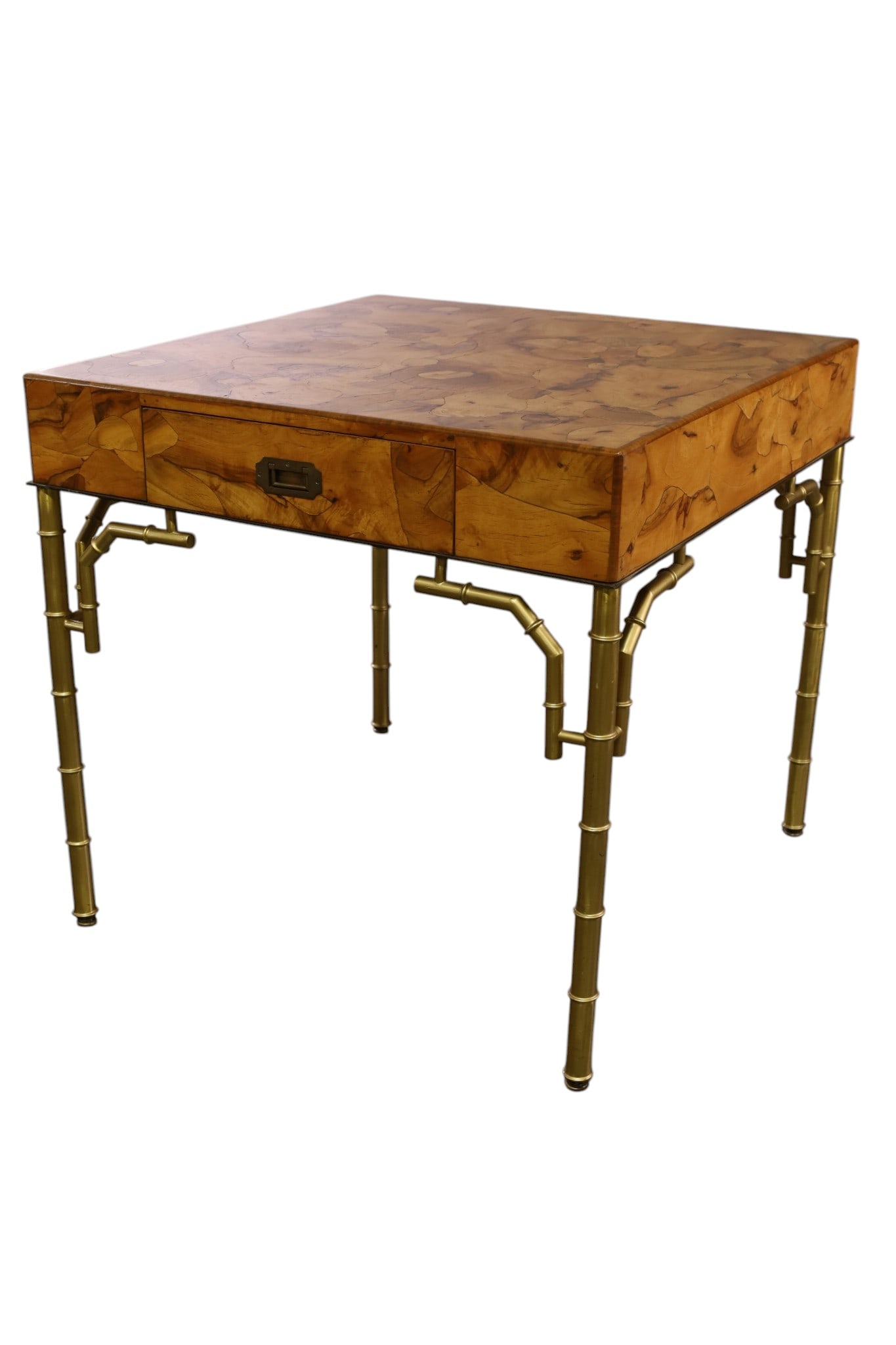 HOLLYWOOD REGENCY CENTER OR GAME TABLE: ITALIAN BURLED OLIVE WOOD TOP, WITH FAUX BAMBOO LEGS. 31" x 31" x 30" H. THIS ITEM EXCEEDS SIZE LIMITATIONS FOR IN HOUSE SHIPPING, MUST BE PICKED UP IN HOUSE OR SHIPPED VIA 3rd PARTY GROUND SHIPPER.