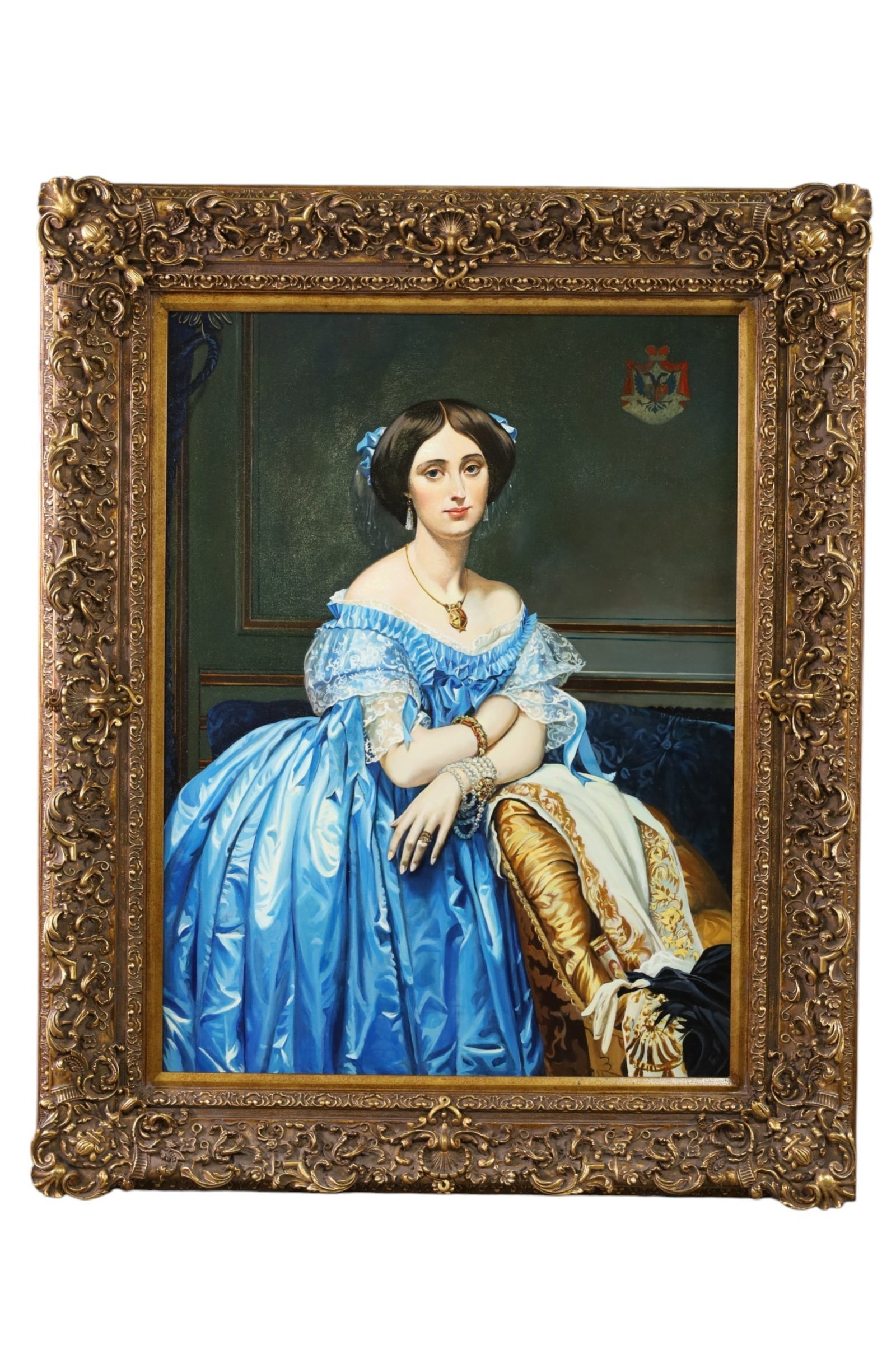 CONTEMPORARY WALL ART: VICTORIAN STYLE PORTRAIT, ON CANVAS, CONTEMPORARY WALL HANGING IN GOLD GILT FRAME. 43" W x 53" THIS ITEM EXCEEDS SIZE LIMITATIONS FOR IN HOUSE SHIPPING, MUST BE PICKED UP IN HOUSE OR SHIPPED VIA