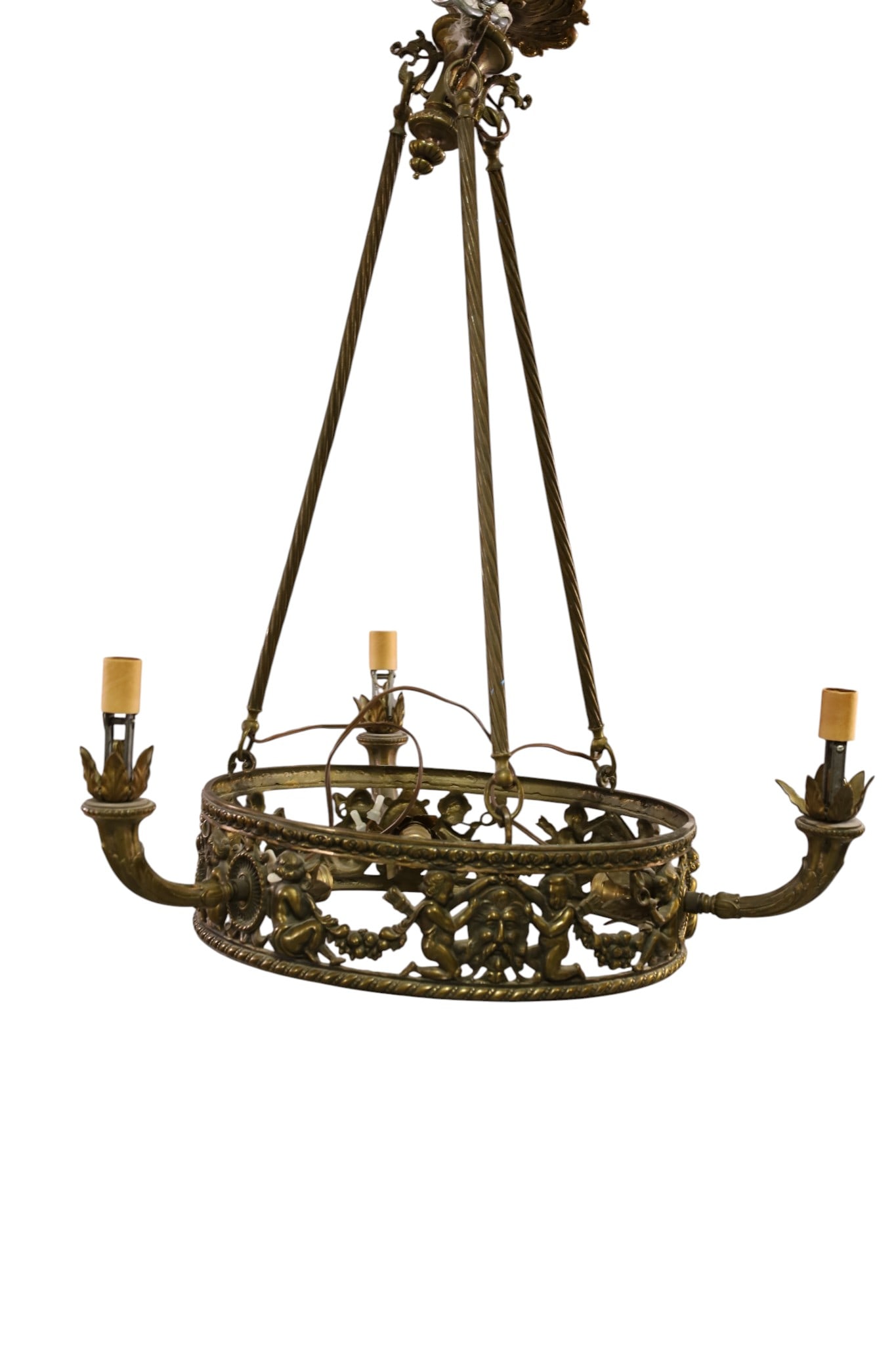 VICTORIAN STYLE CHANDELIER: CHERUB DECORATED CAST METAL VICTORIAN STYLE CHANDELIER, 6 LIGHT, 17" DIAM x 35" H. THIS ITEM EXCEEDS SIZE LIMITATIONS FOR IN HOUSE SHIPPING, MUST BE PICKED UP IN HOUSE OR SHIPPED VIA 3rd PARTY