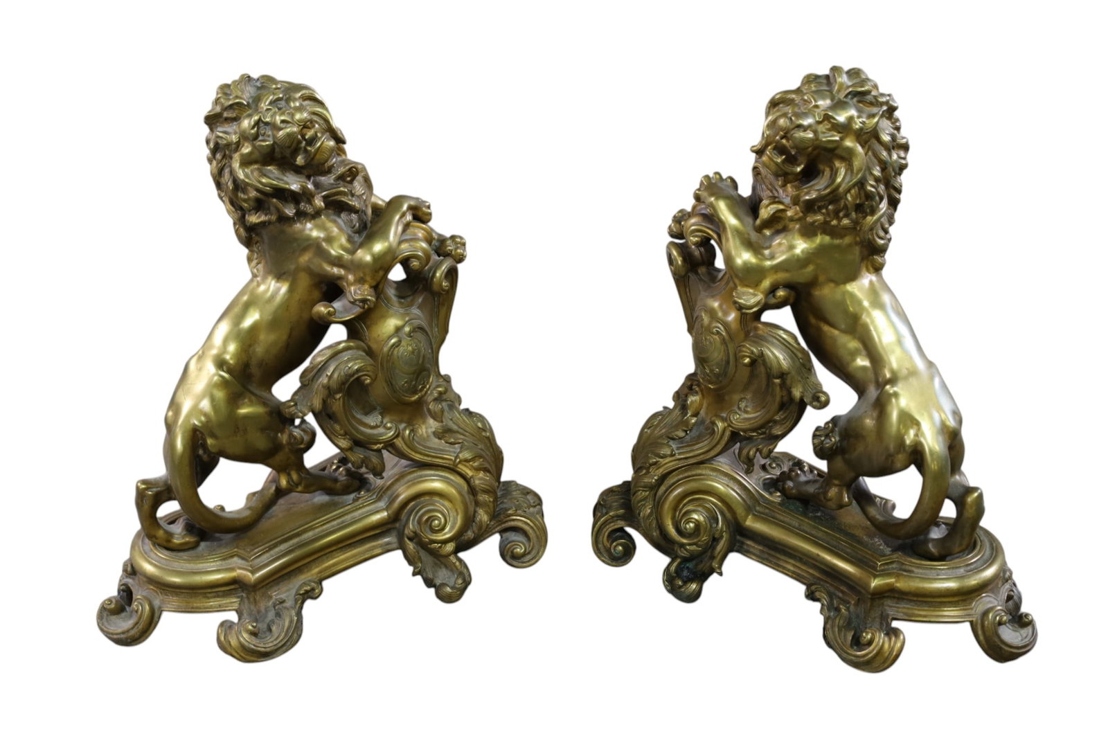 PAIR OF LARGE BRONZE LION ANDIRONS (1 of 3)